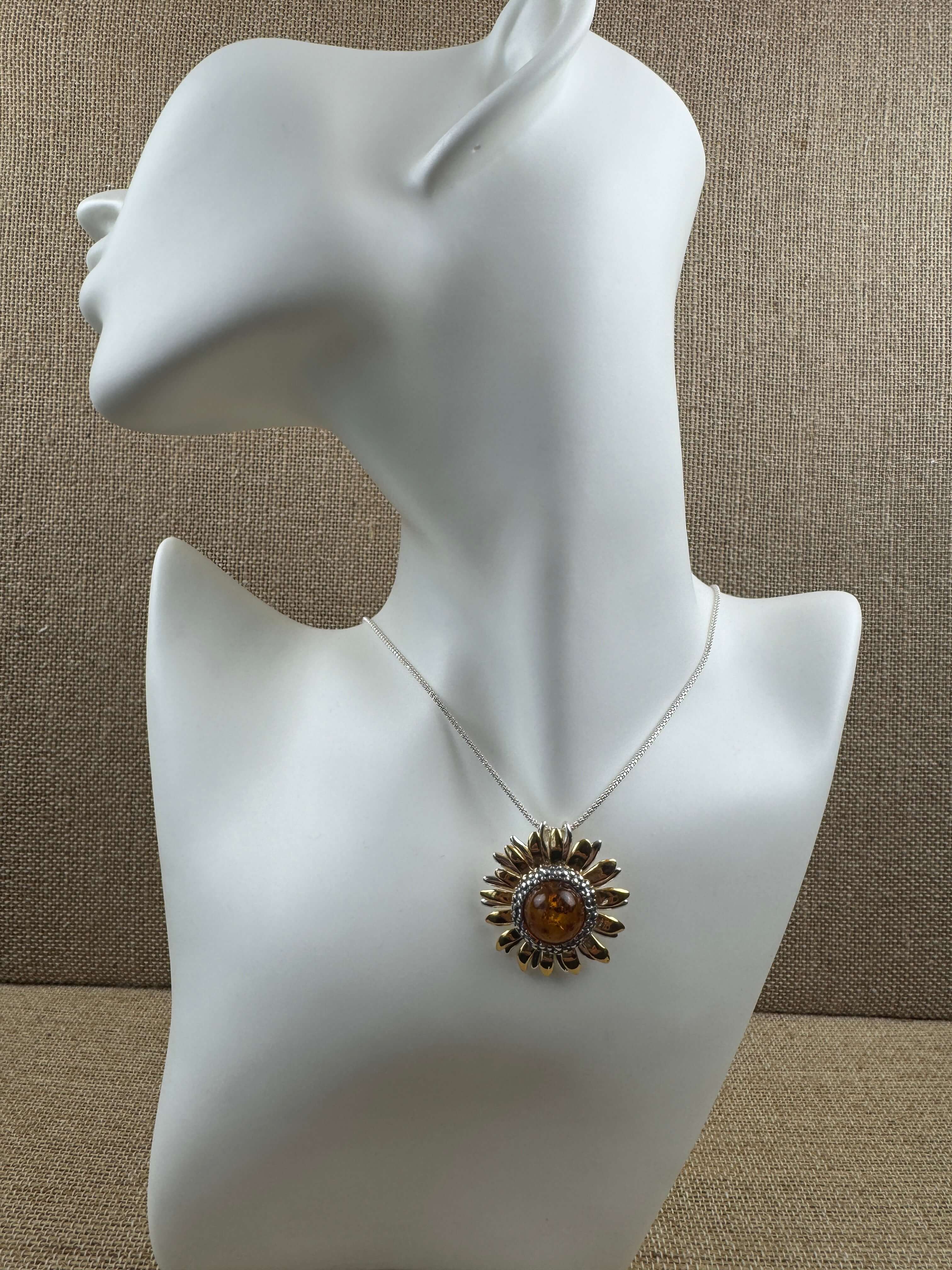 Sterling Silver & Genuine Baltic Amber Sunflower Pendant – Handmade in Poland