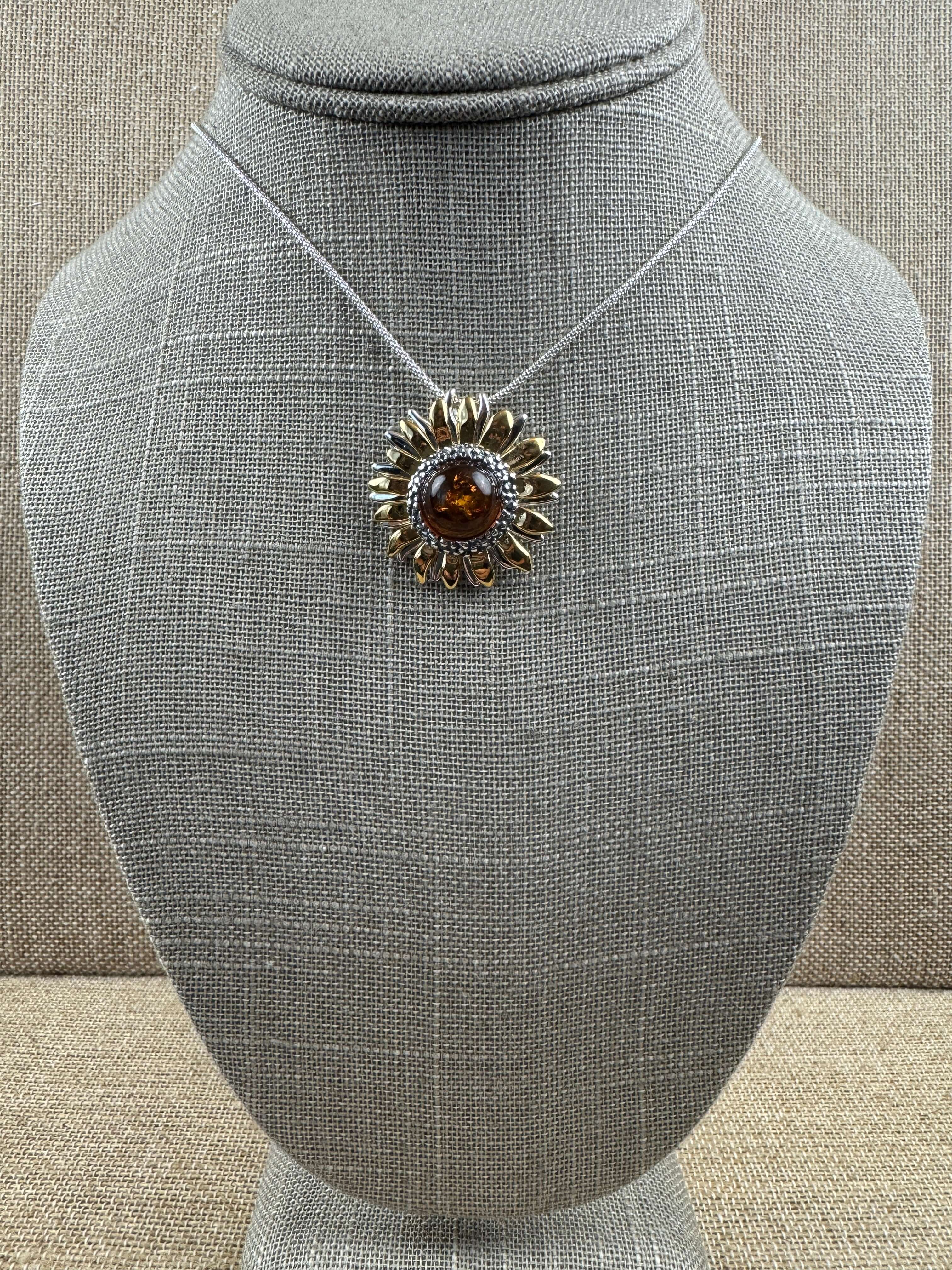 Sterling Silver & Genuine Baltic Amber Sunflower Pendant – Handmade in Poland