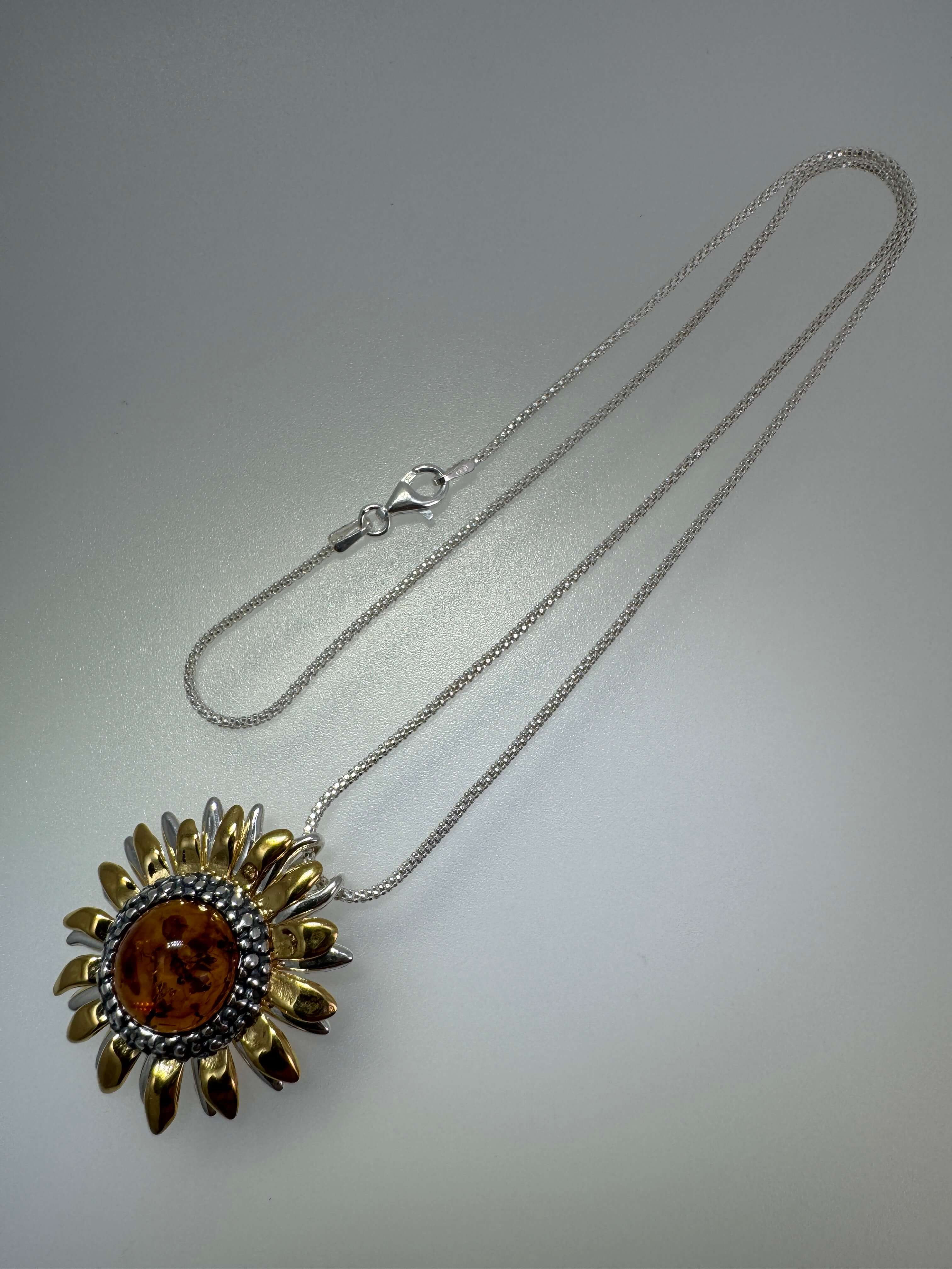 Sterling Silver & Genuine Baltic Amber Sunflower Pendant – Handmade in Poland