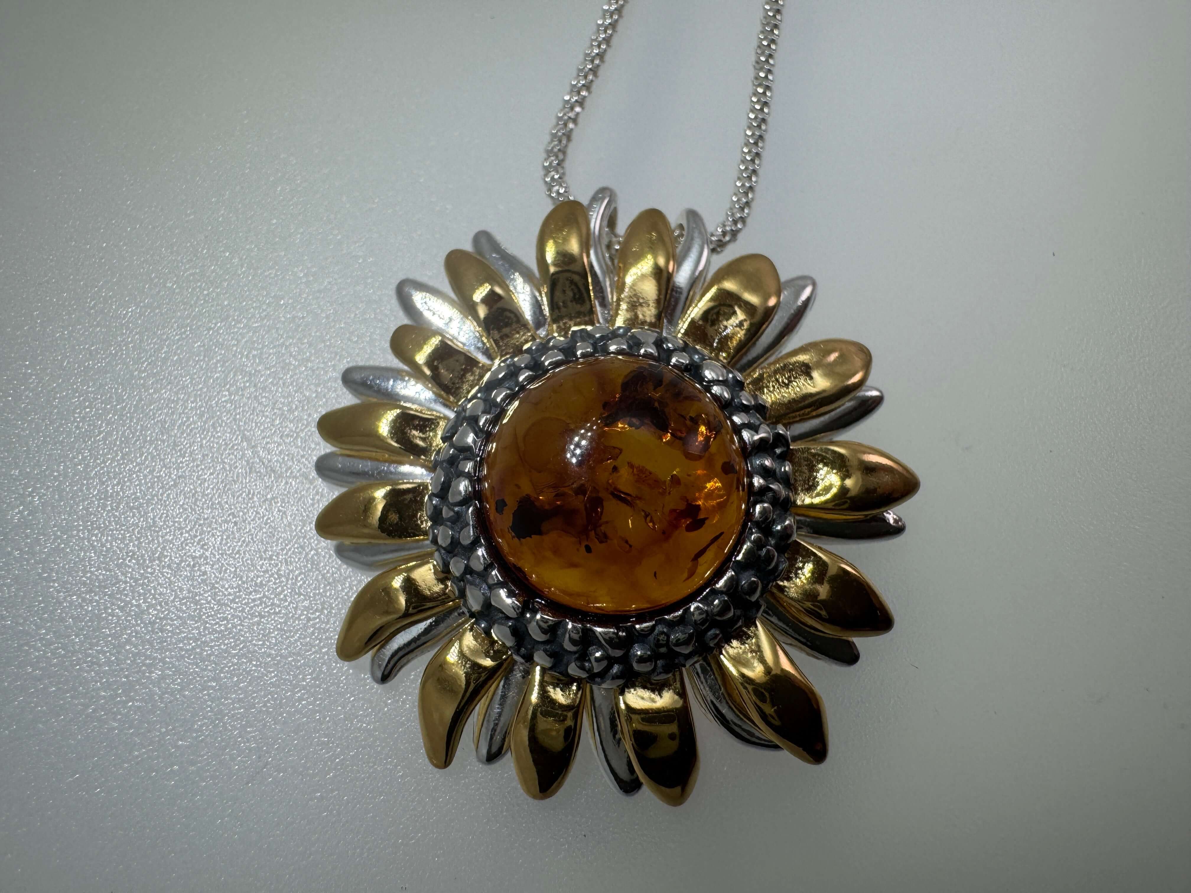 Sterling Silver & Genuine Baltic Amber Sunflower Pendant – Handmade in Poland