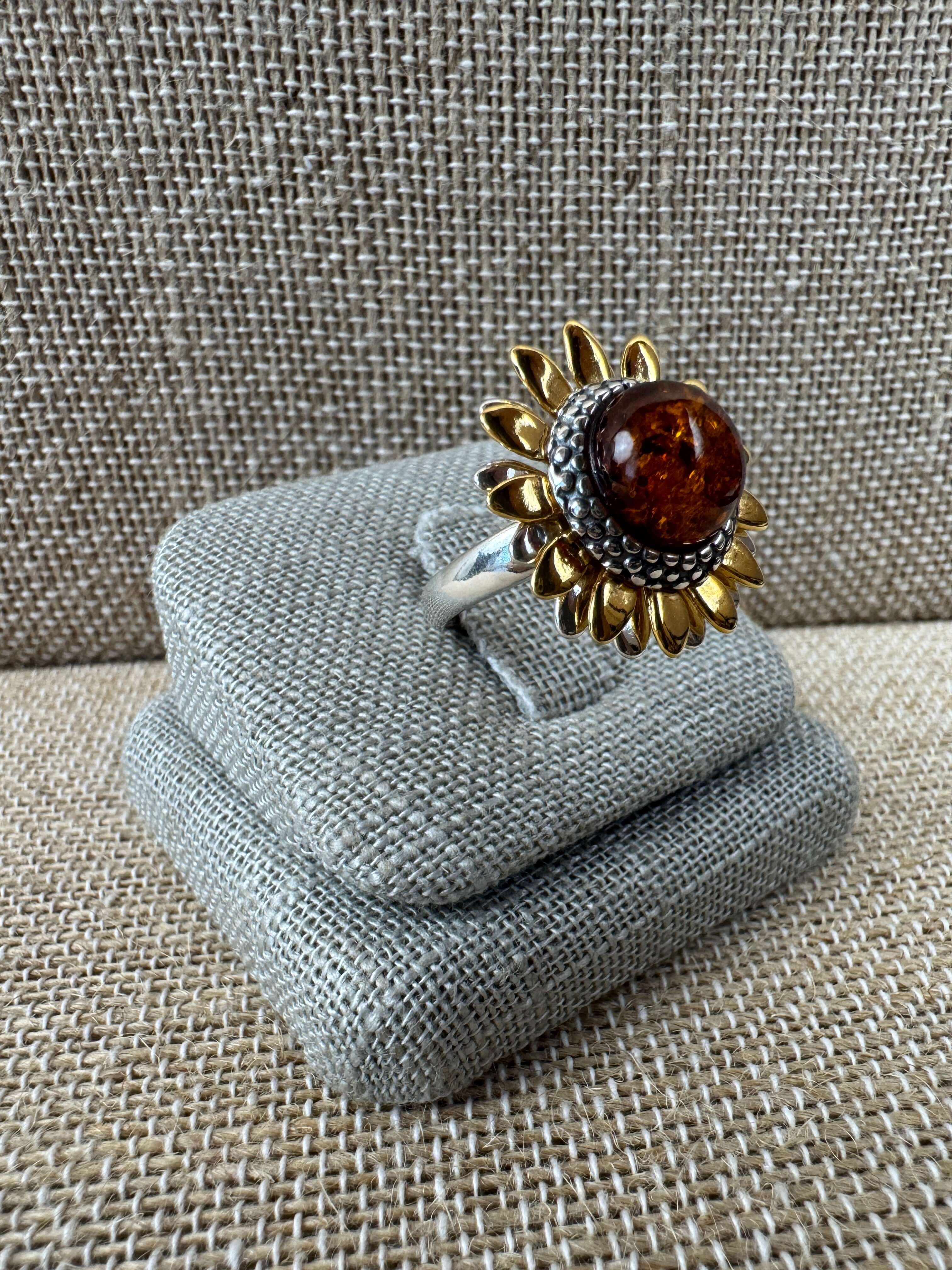 Sterling Silver & Genuine Baltic Amber Sunflower Ring – Handmade in Poland