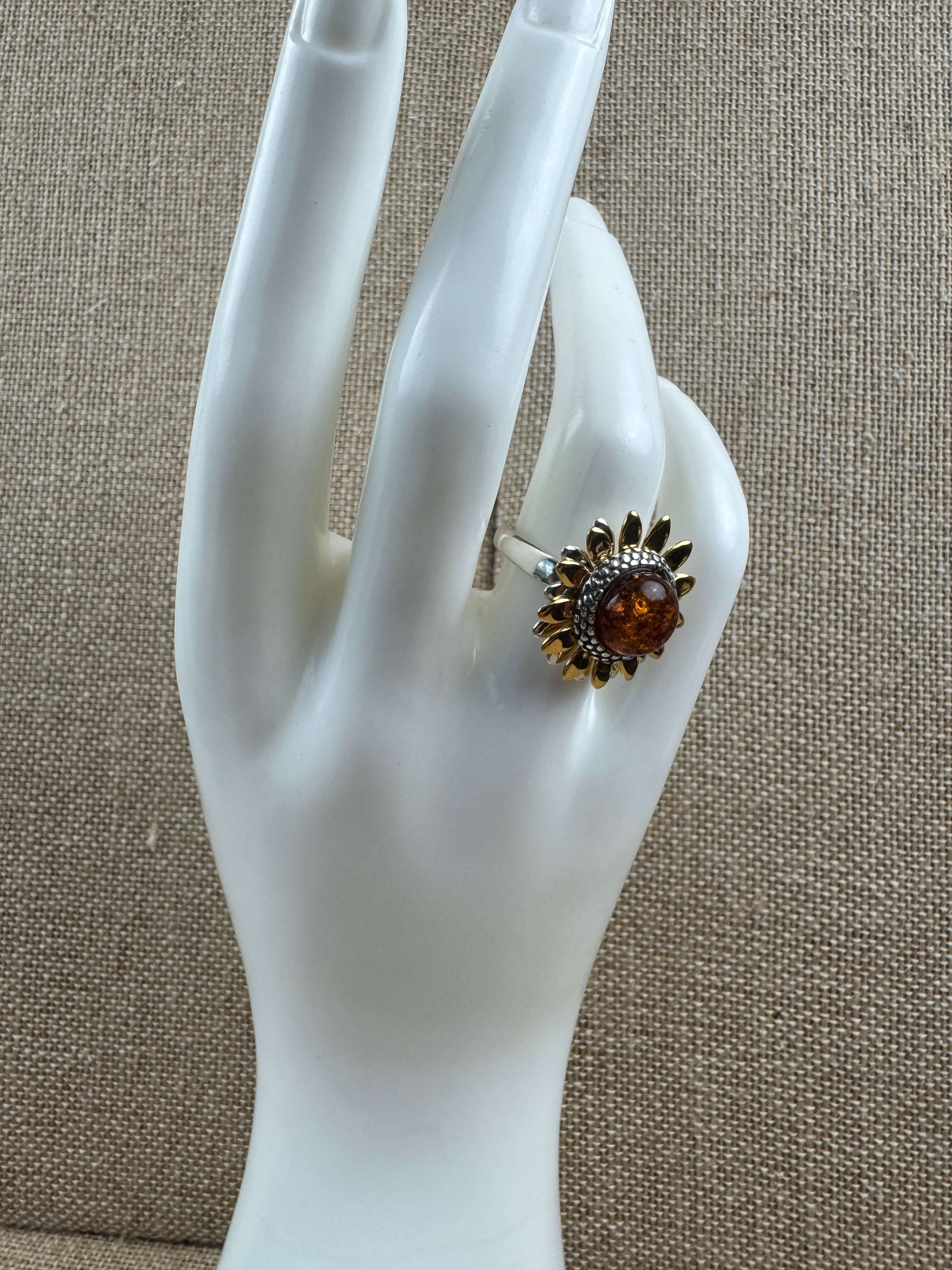 Sterling Silver & Genuine Baltic Amber Sunflower Ring – Handmade in Poland