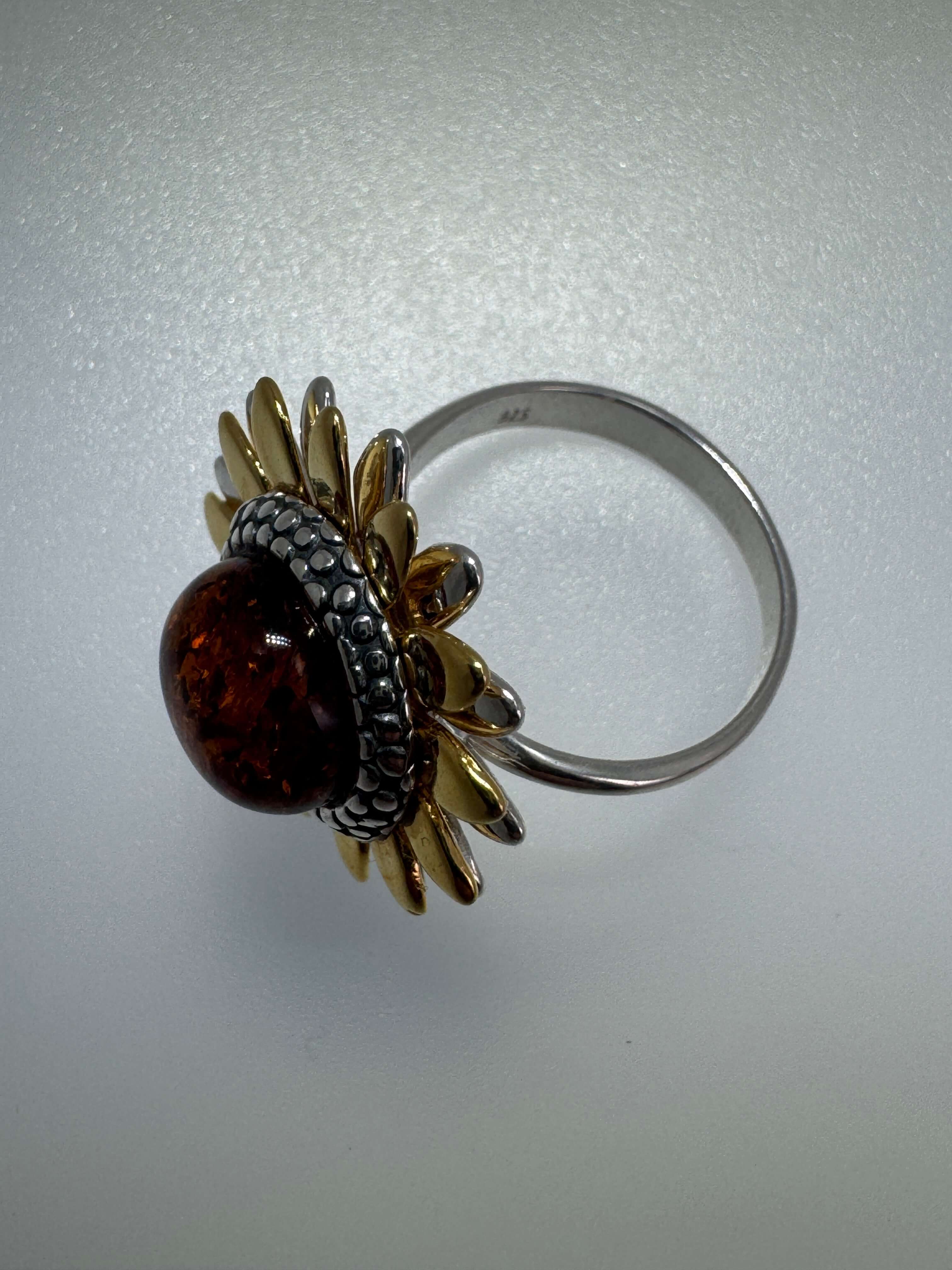 Sterling Silver & Genuine Baltic Amber Sunflower Ring – Handmade in Poland