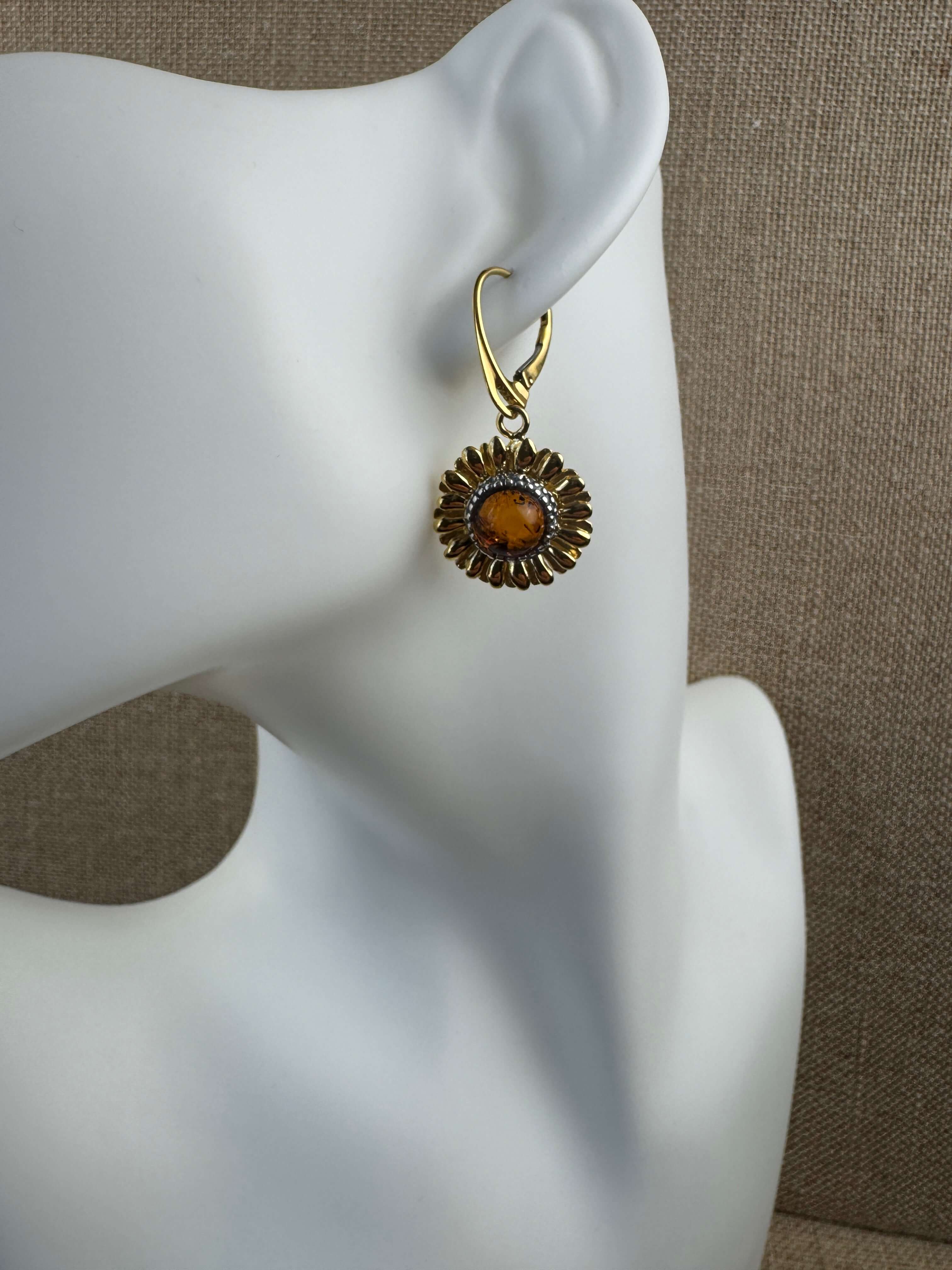 Handmade Sterling Silver Baltic Amber Sunflower Earrings – Pick Your Style - Leverback, English Lock or Post - Matching Set Available