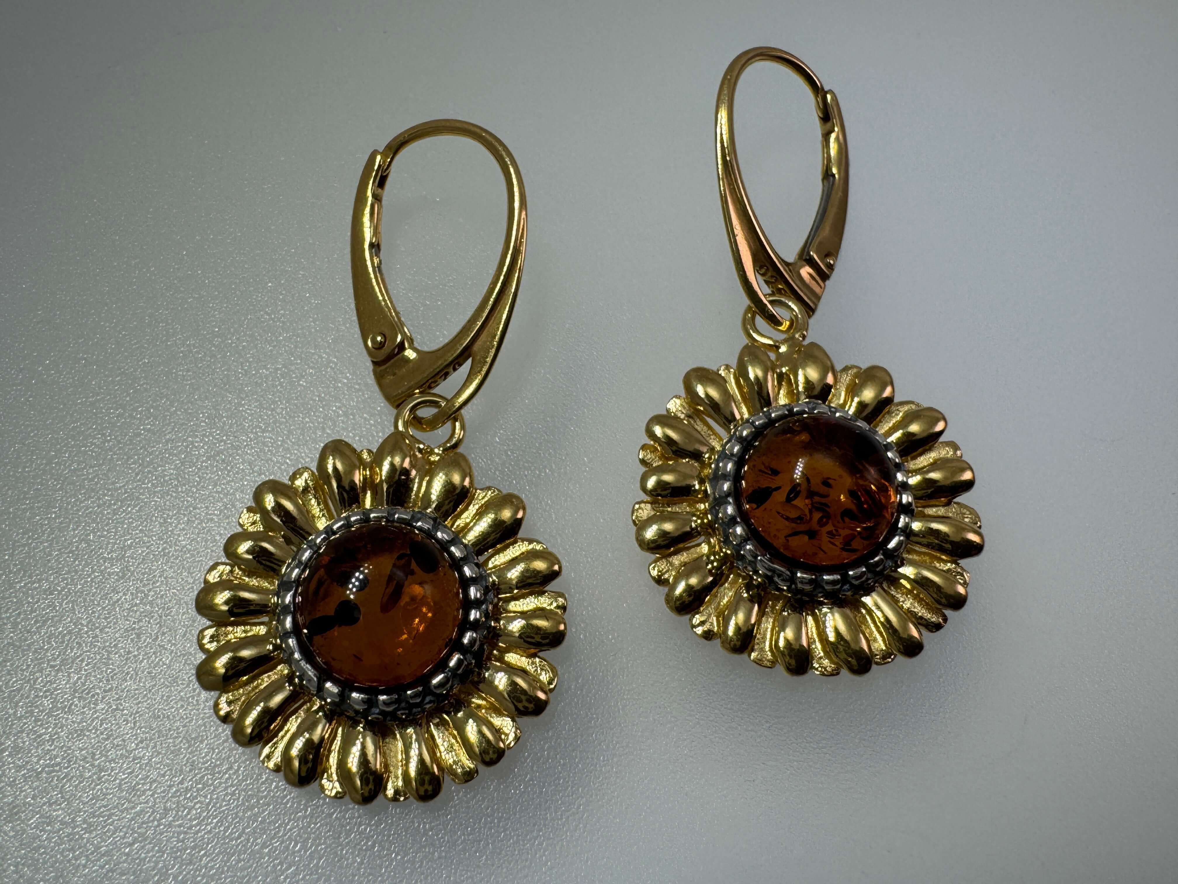 Handmade Sterling Silver Baltic Amber Sunflower Earrings – Pick Your Style - Leverback, English Lock or Post - Matching Set Available