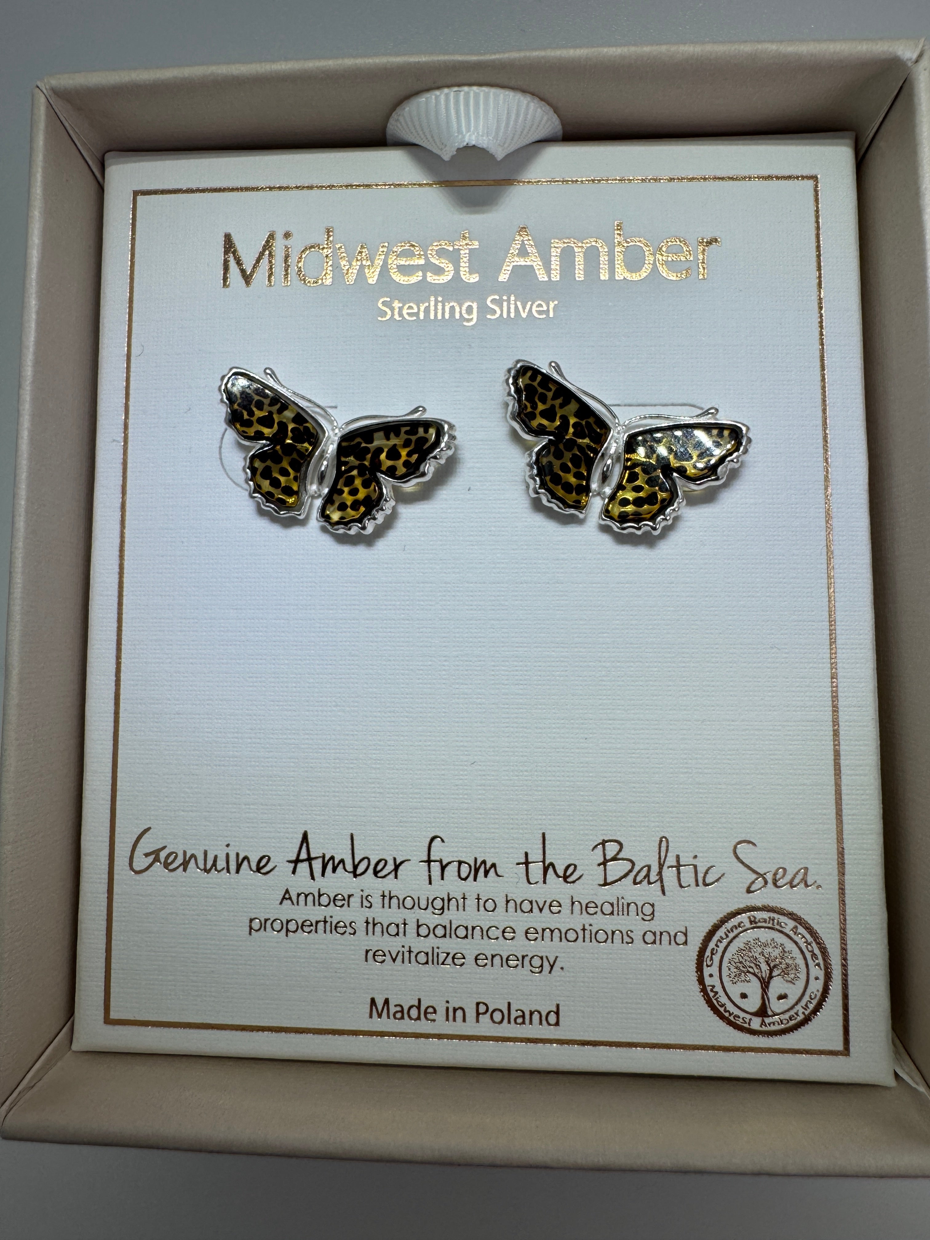 Handcrafted Baltic Amber Butterfly Earrings in Sterling Silver | Secure Post Style | Hand Carved in Poland