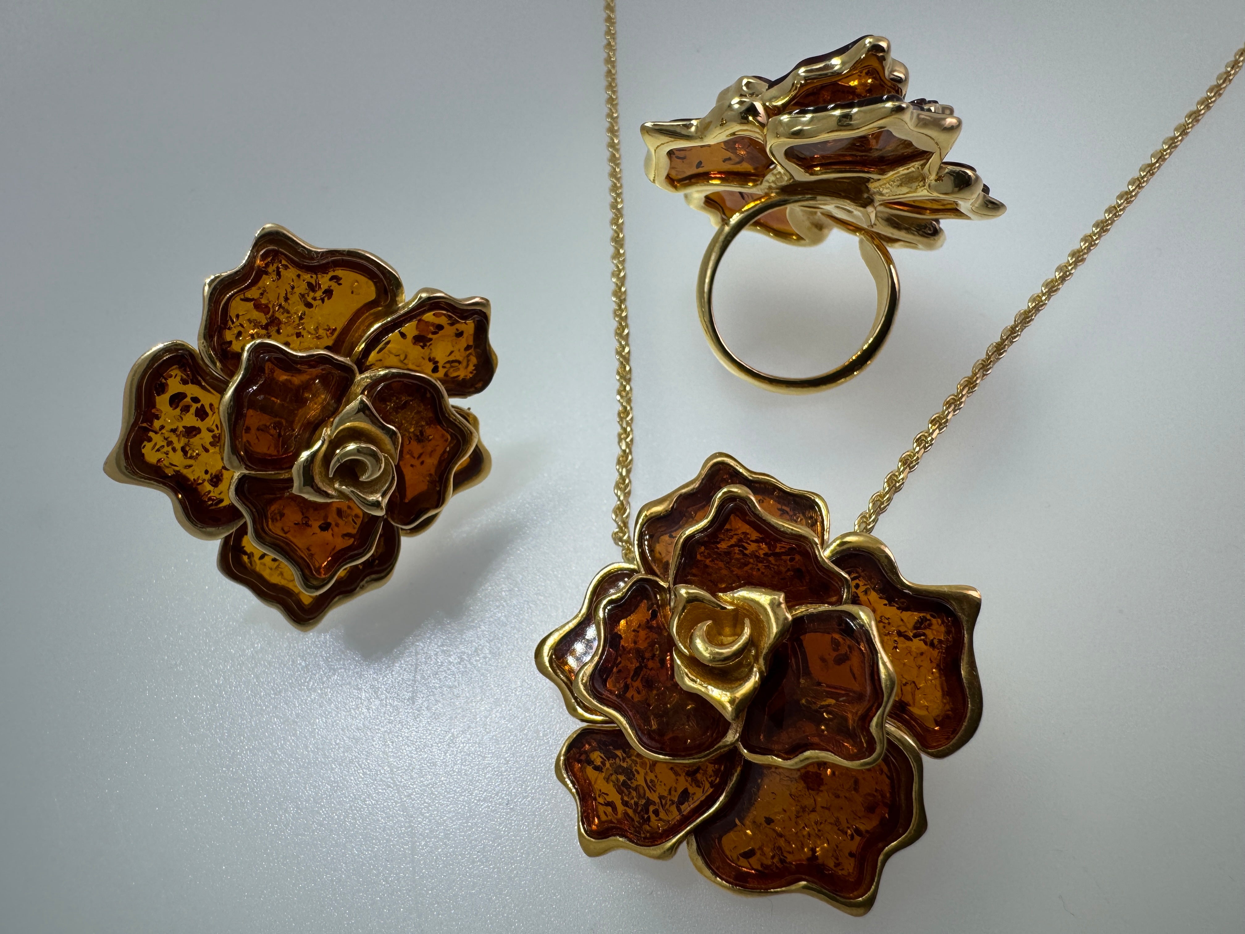 Hand Carved Cognac Baltic Amber Flower Rose Ring in Gold Plated Sterling Silver – Statement Floral Jewelry