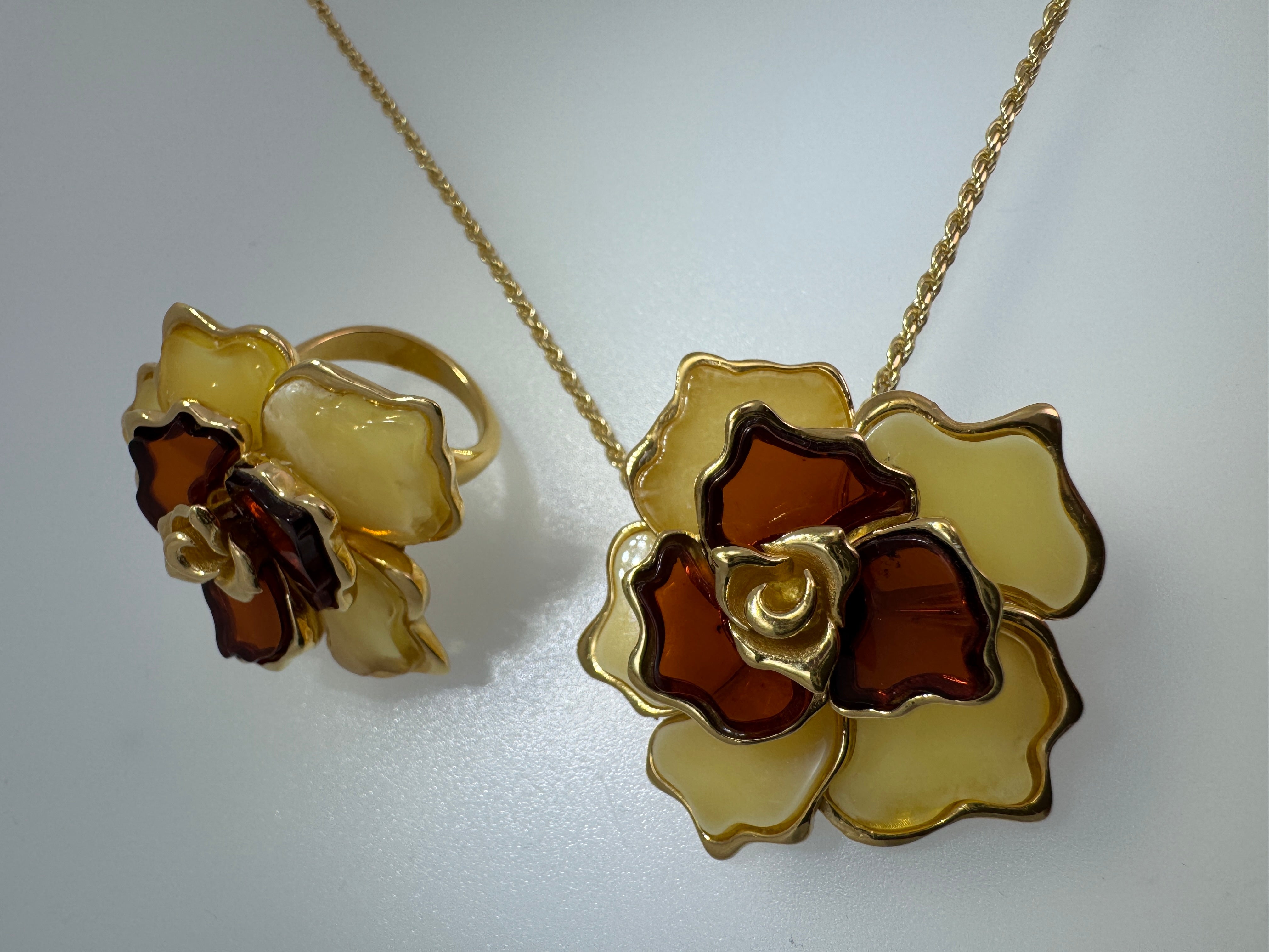 Hand Carved Cognac Baltic Amber Flower Rose Ring in Gold Plated Sterling Silver – Statement Floral Jewelry