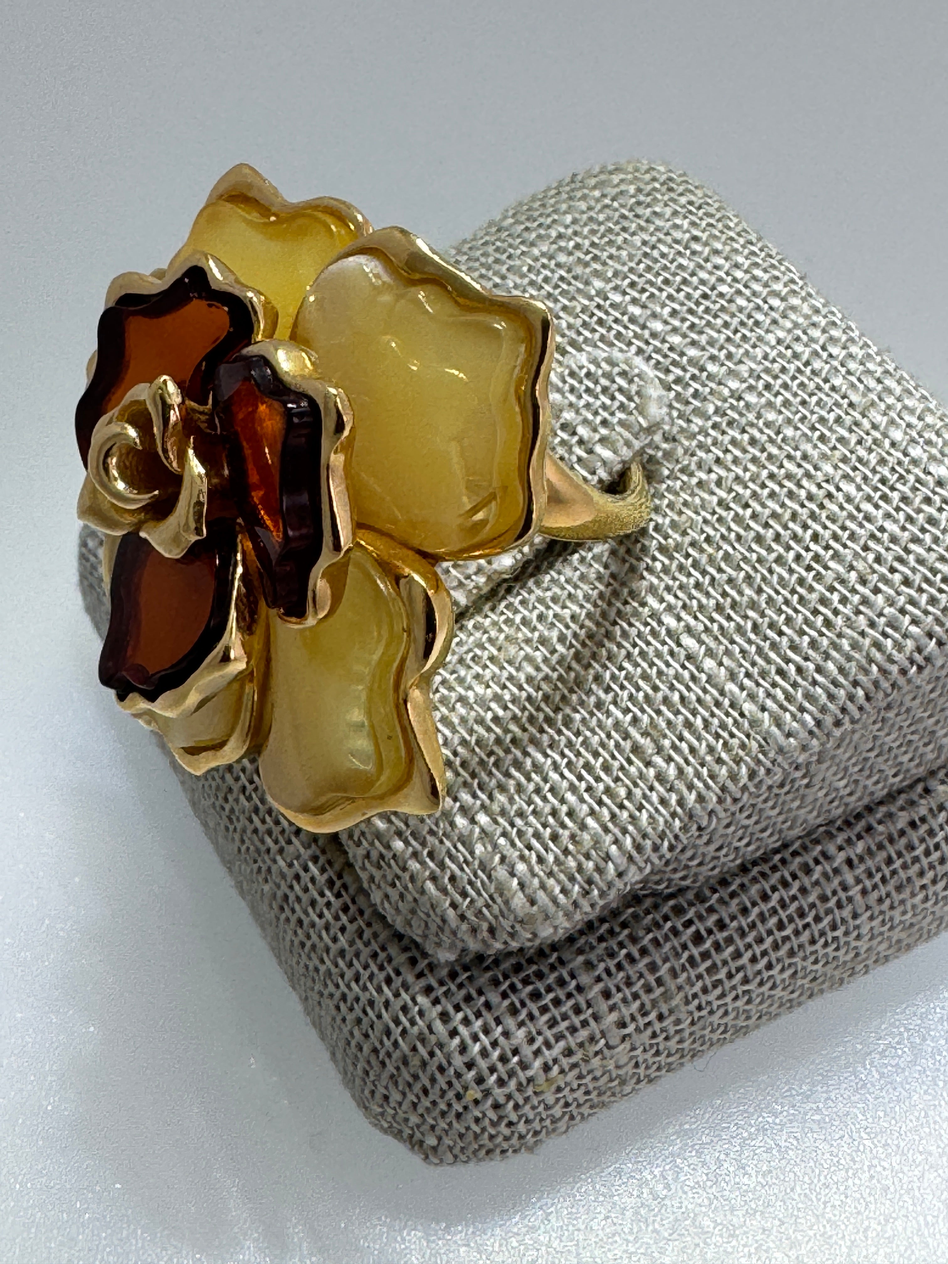 Hand Carved Cognac Baltic Amber Flower Rose Ring in Gold Plated Sterling Silver – Statement Floral Jewelry