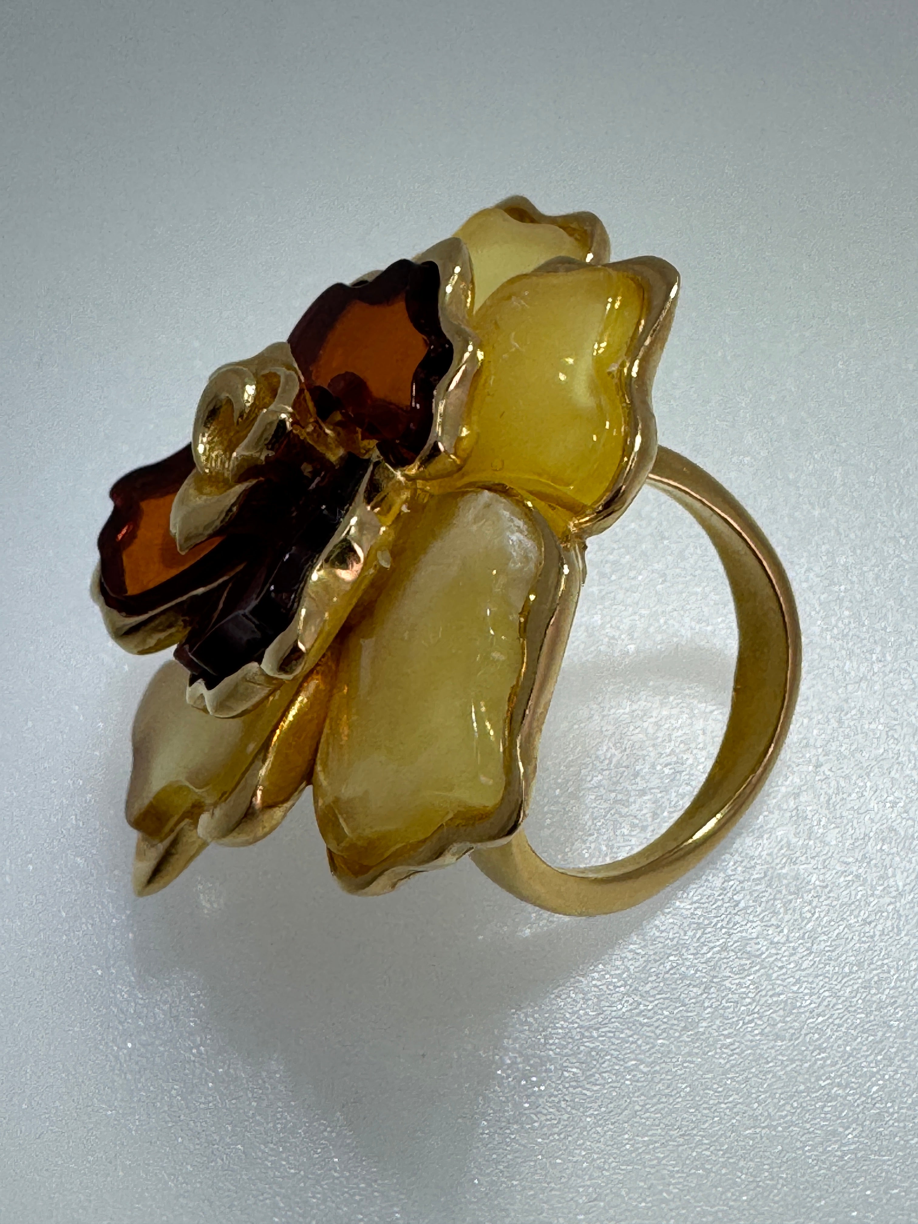Hand Carved Cognac Baltic Amber Flower Rose Ring in Gold Plated Sterling Silver – Statement Floral Jewelry