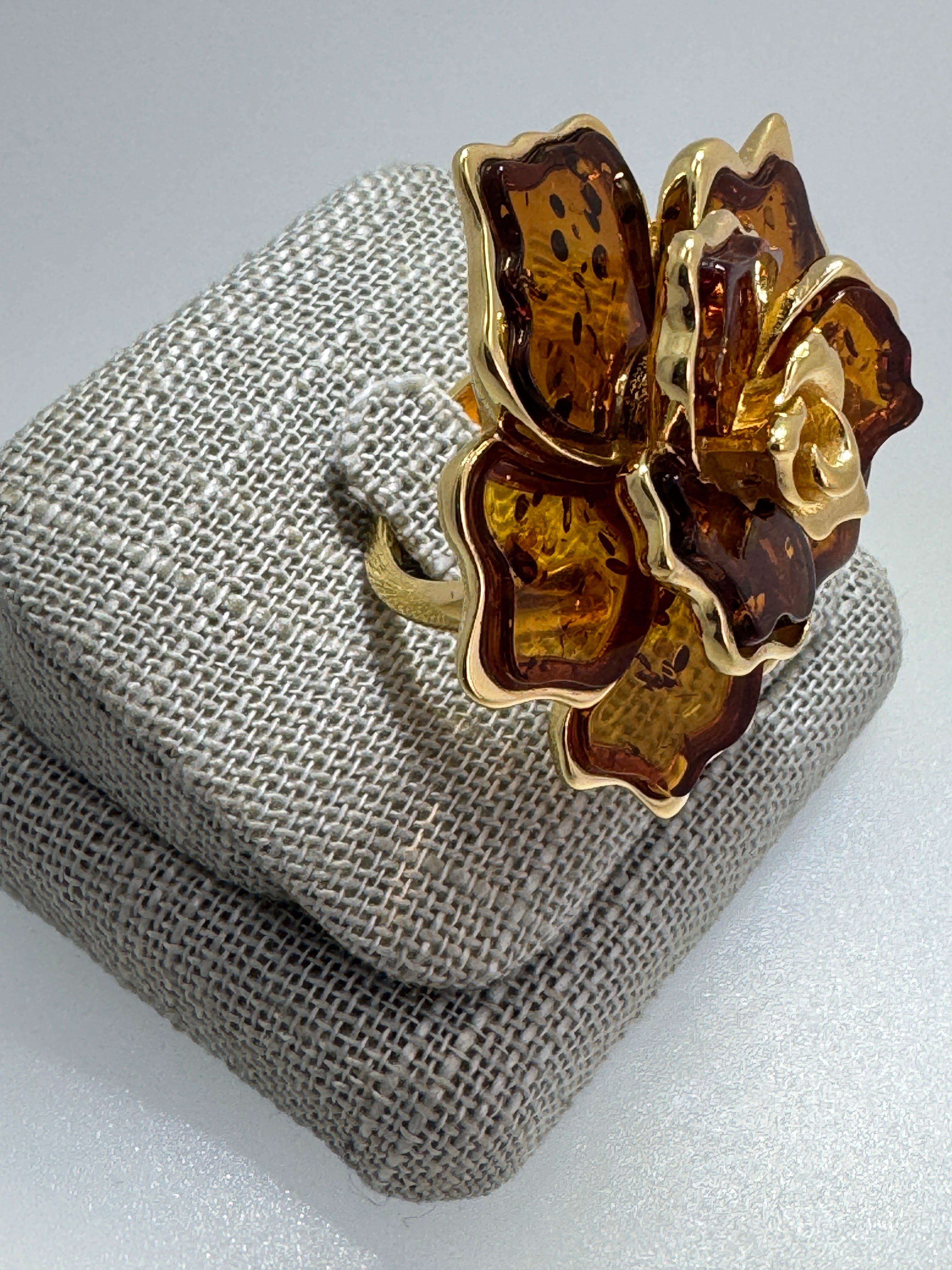 Hand Carved Cognac Baltic Amber Flower Rose Ring in Gold Plated Sterling Silver – Statement Floral Jewelry