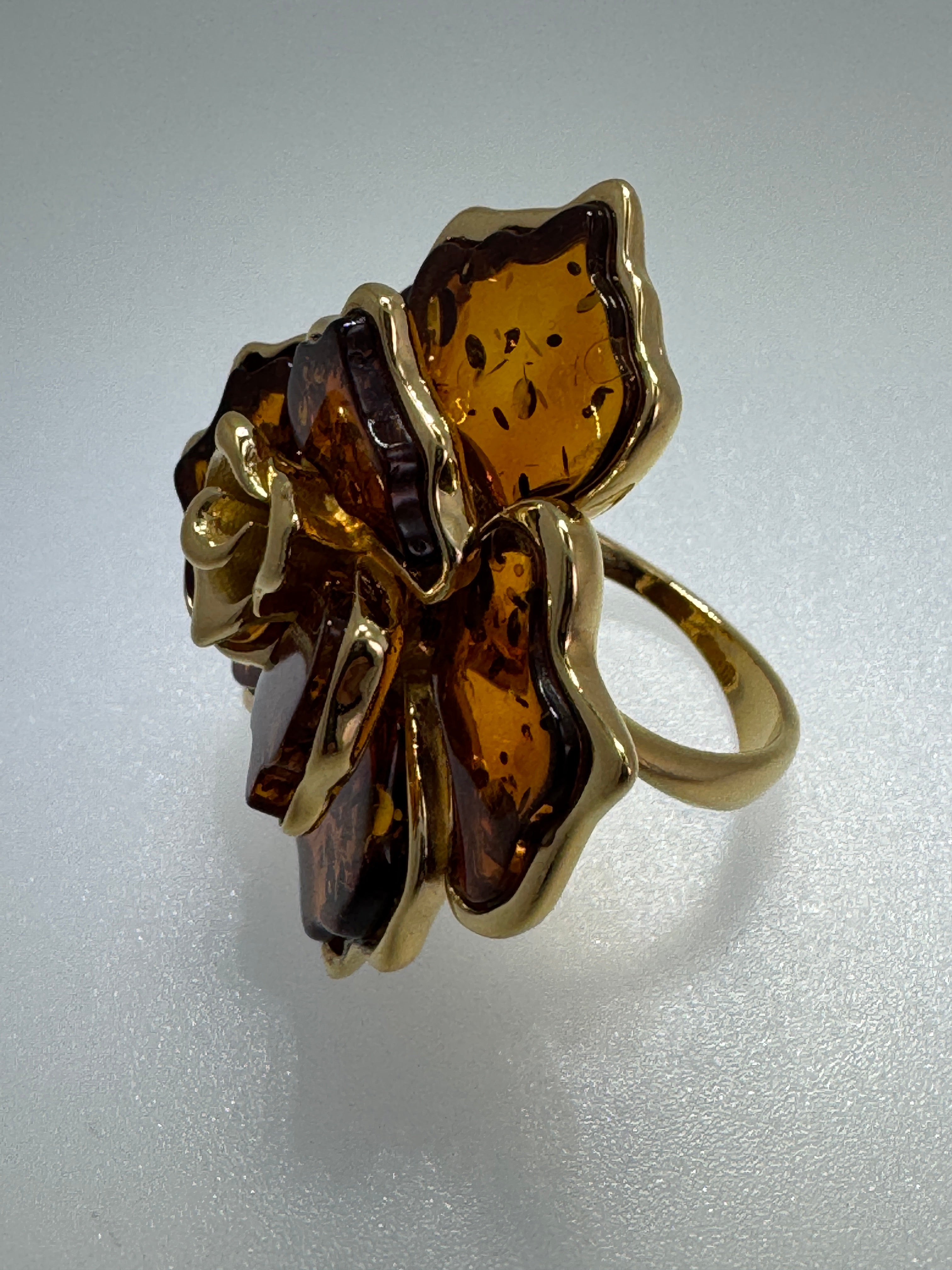 Hand Carved Cognac Baltic Amber Flower Rose Ring in Gold Plated Sterling Silver – Statement Floral Jewelry