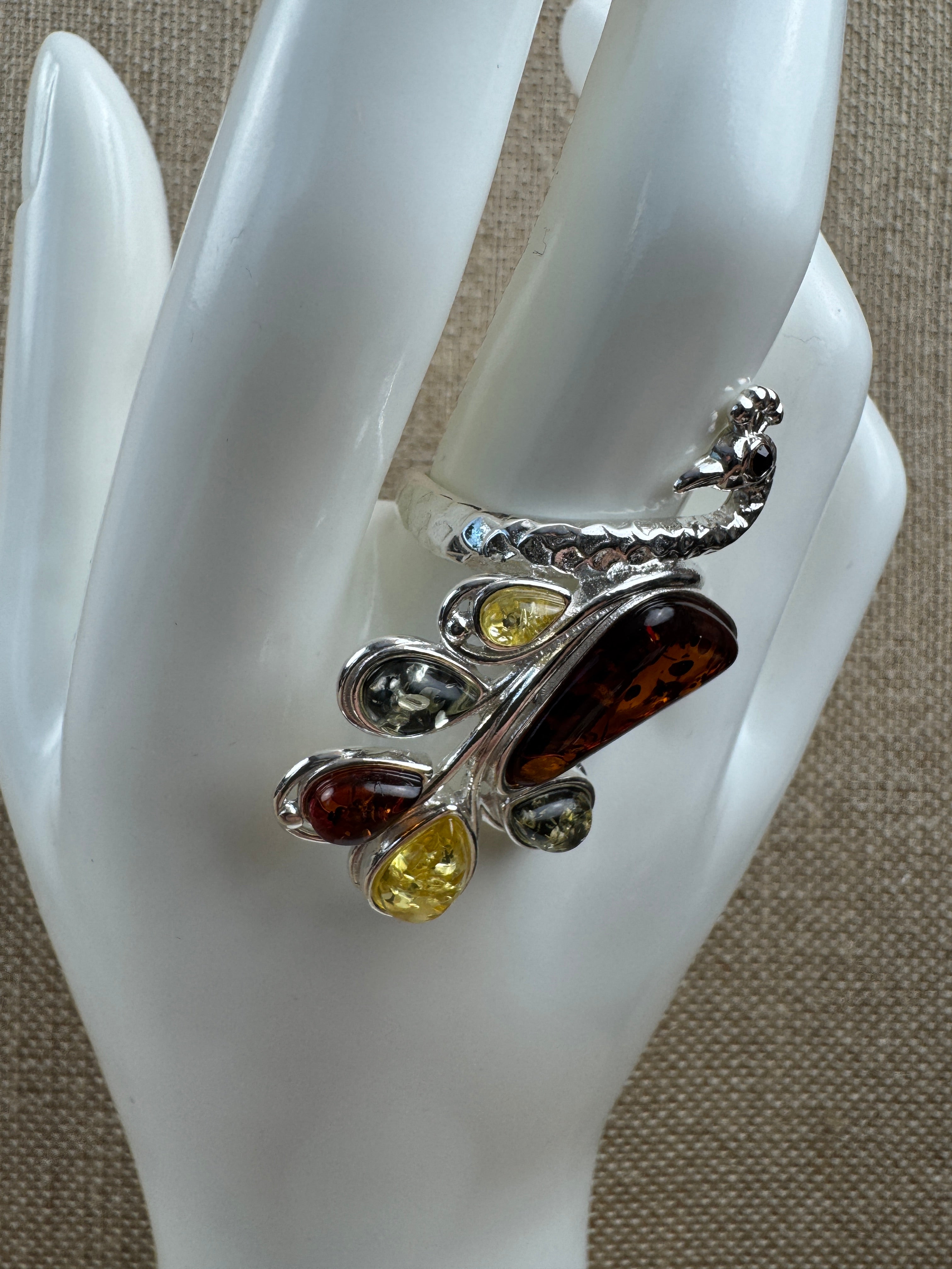 Sterling Silver Multicolor Baltic Amber Peacock Cocktail Ring - Adjustable Open Shank