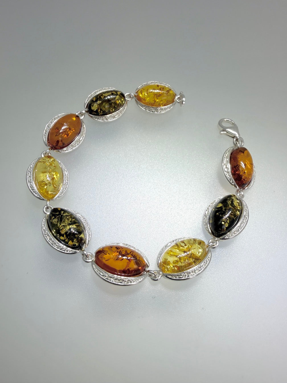 Baltic Amber Sterling Silver Link Bracelet – Cognac, Green, and Lemon Gemstone Jewelry
