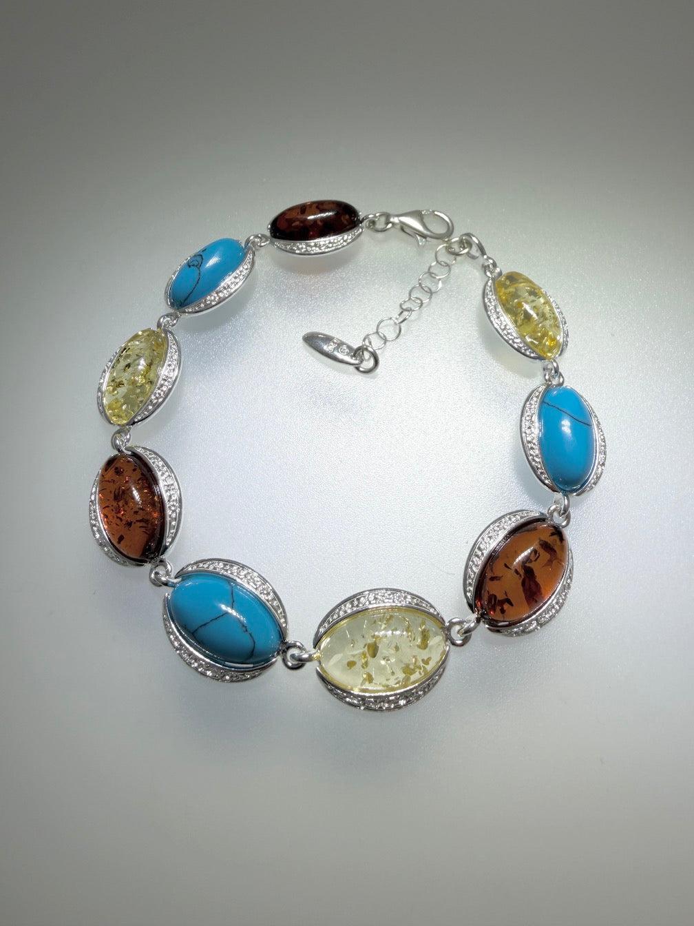 Sterling Silver Cognac & Lemon Baltic Amber with Turquoise Link Bracelet - 7"+ 1.5" Extension