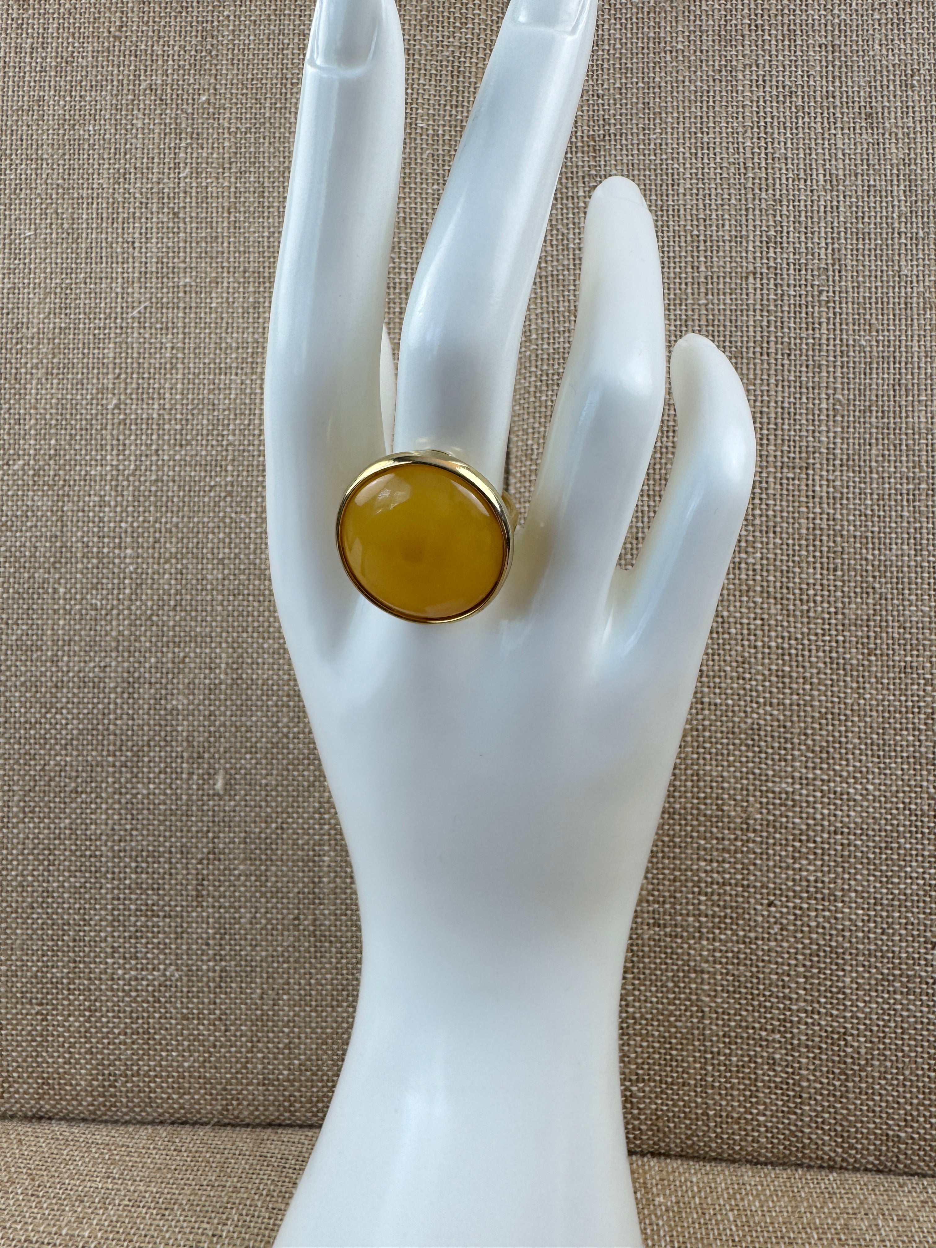 Unique Round Yellow Butterscotch Baltic Amber Adjustable Ring in Gold Plated Sterling Silver – Handmade in Poland