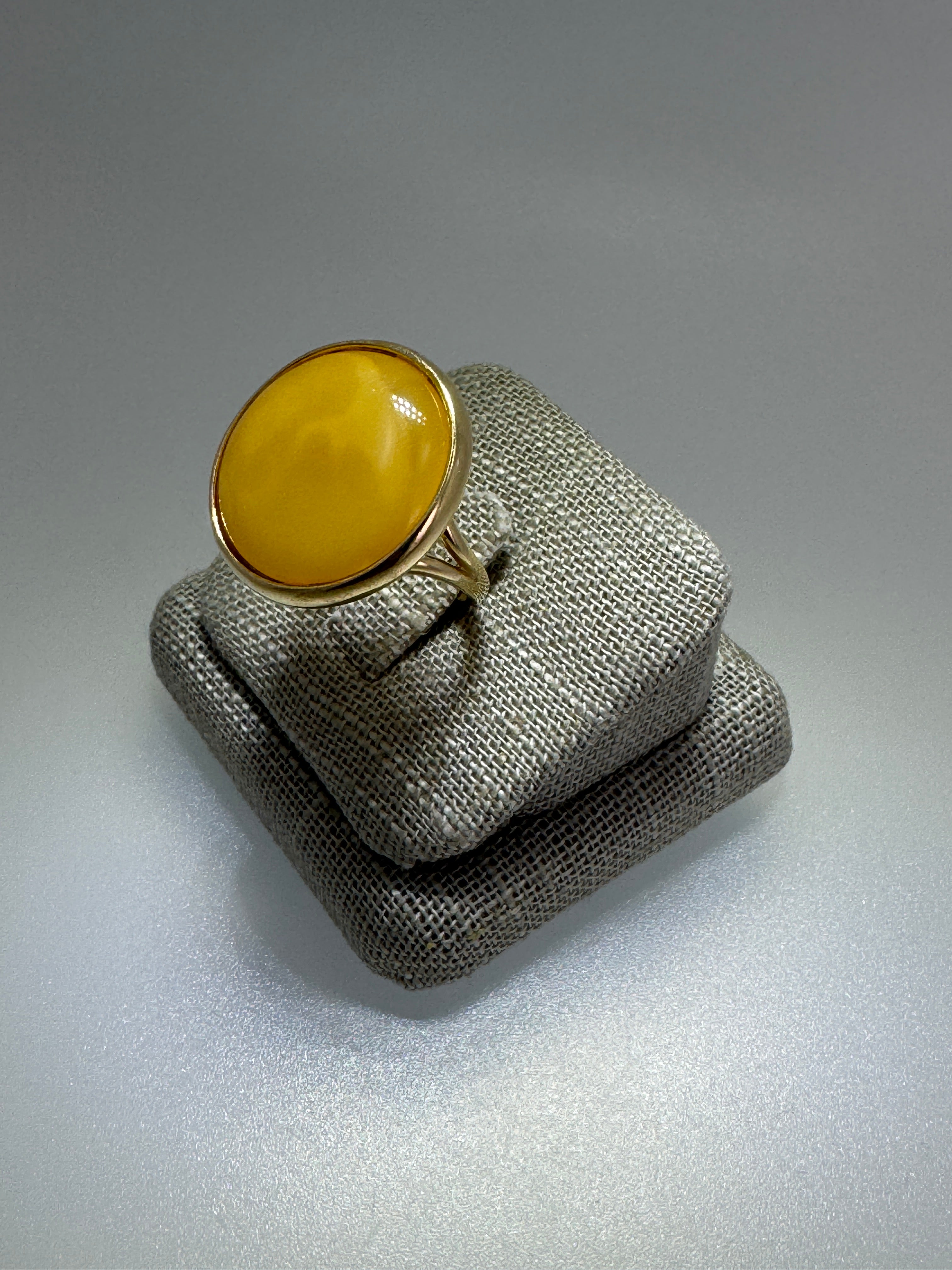 Unique Round Yellow Butterscotch Baltic Amber Adjustable Ring in Gold Plated Sterling Silver – Handmade in Poland