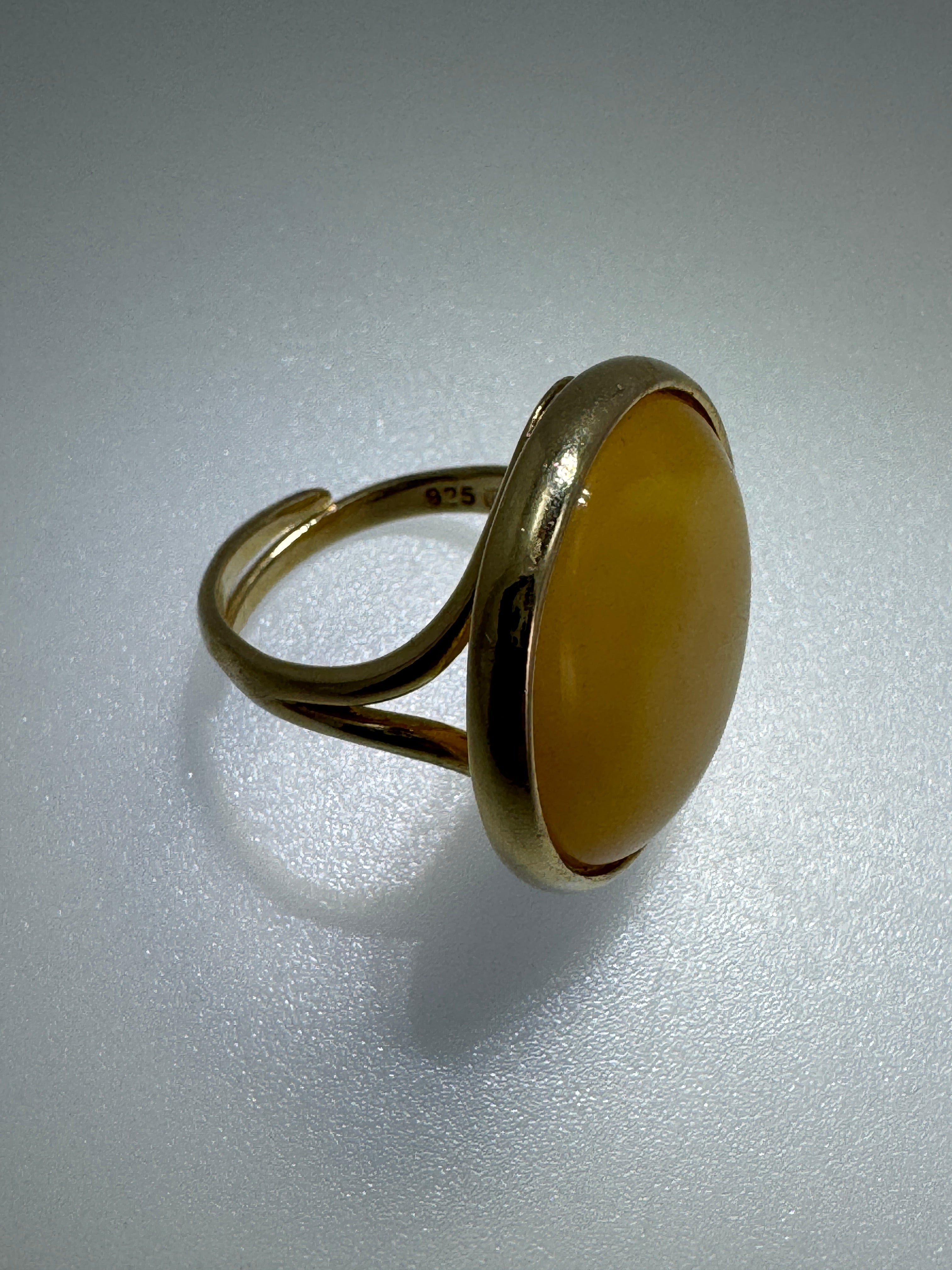 Unique Round Yellow Butterscotch Baltic Amber Adjustable Ring in Gold Plated Sterling Silver – Handmade in Poland