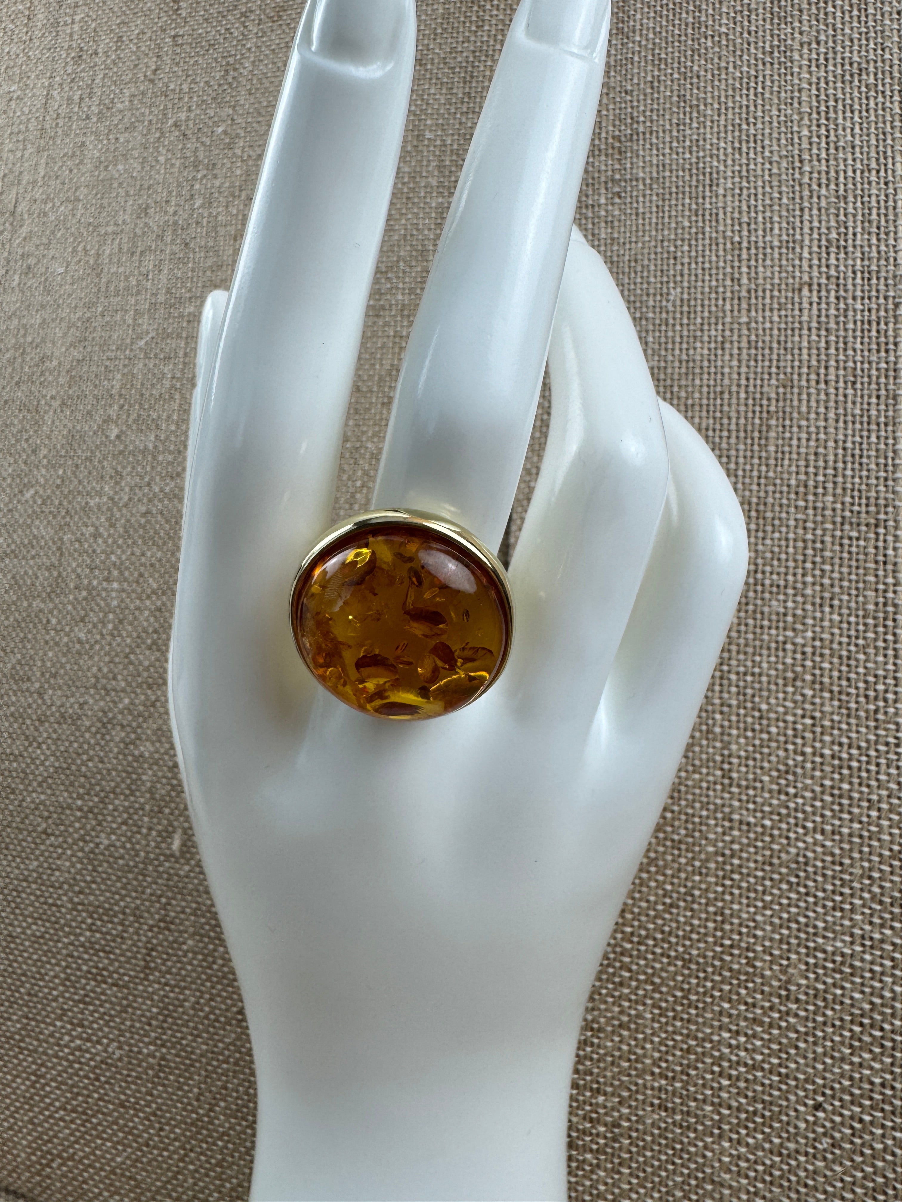 Open Shank Adjustable Gold Plated Sterling Silver Baltic Amber Ring – Cognac Cabochon Handmade in Poland