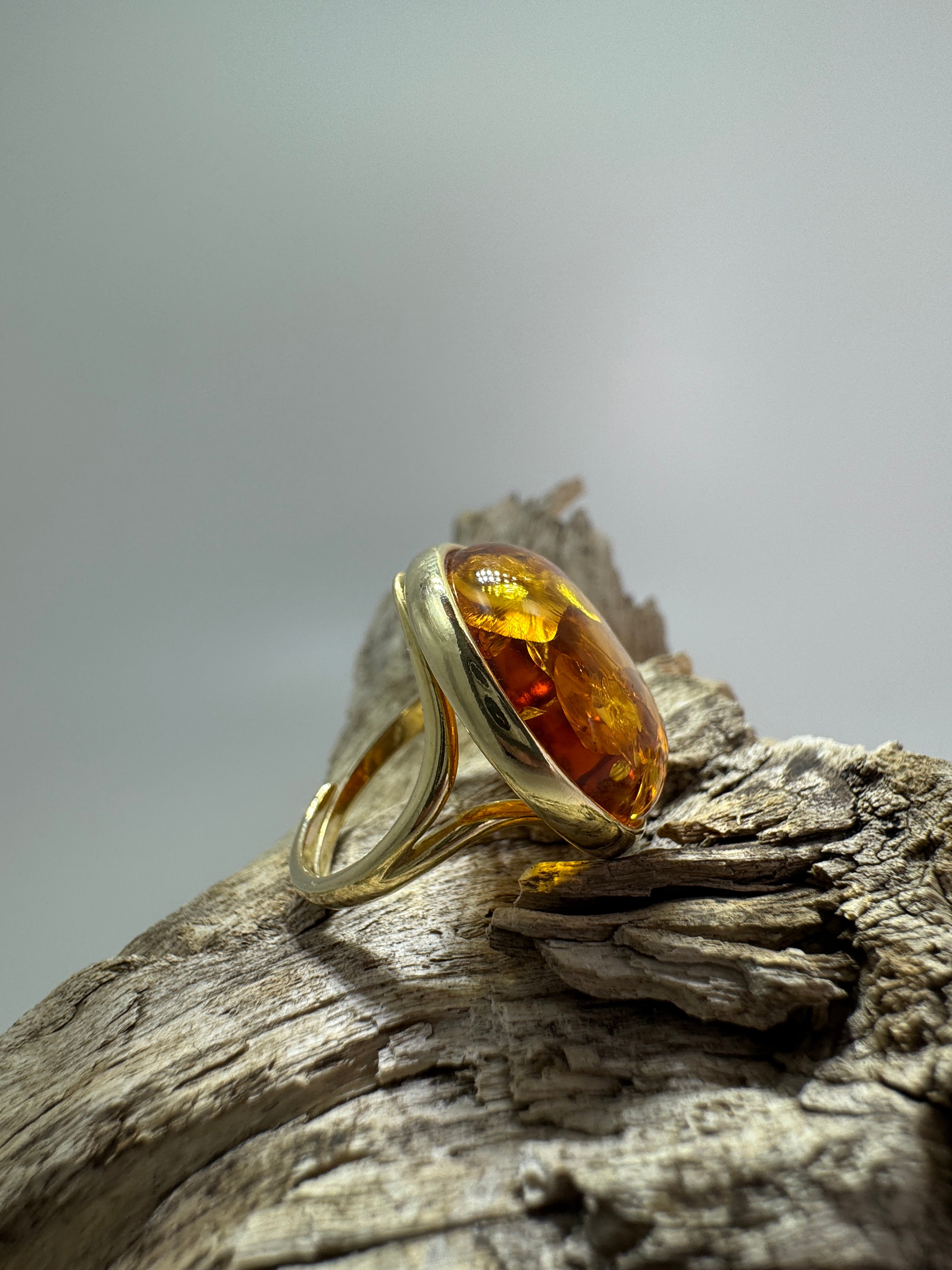 Open Shank Adjustable Gold Plated Sterling Silver Baltic Amber Ring – Cognac Cabochon Handmade in Poland