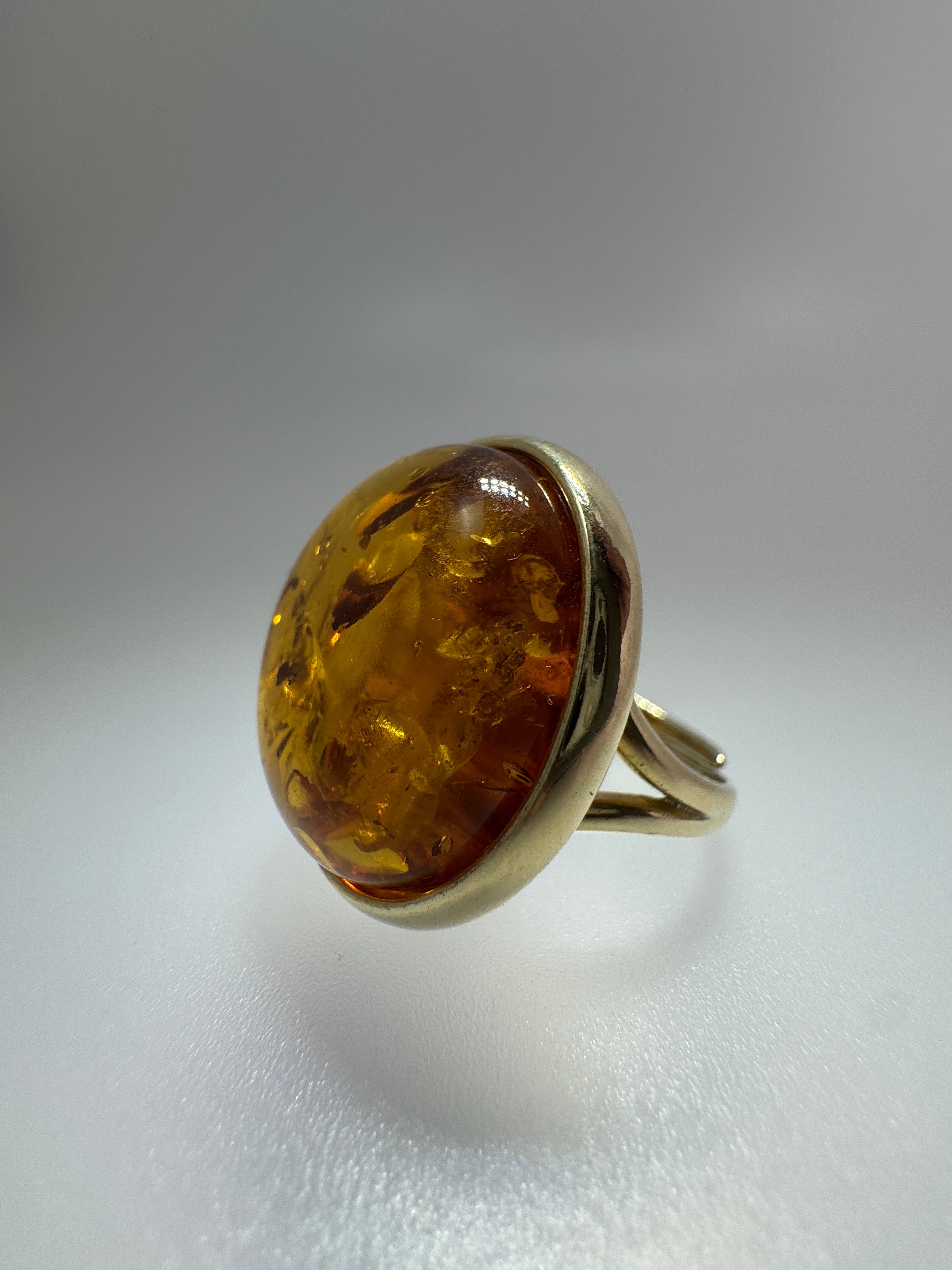 Open Shank Adjustable Gold Plated Sterling Silver Baltic Amber Ring – Cognac Cabochon Handmade in Poland
