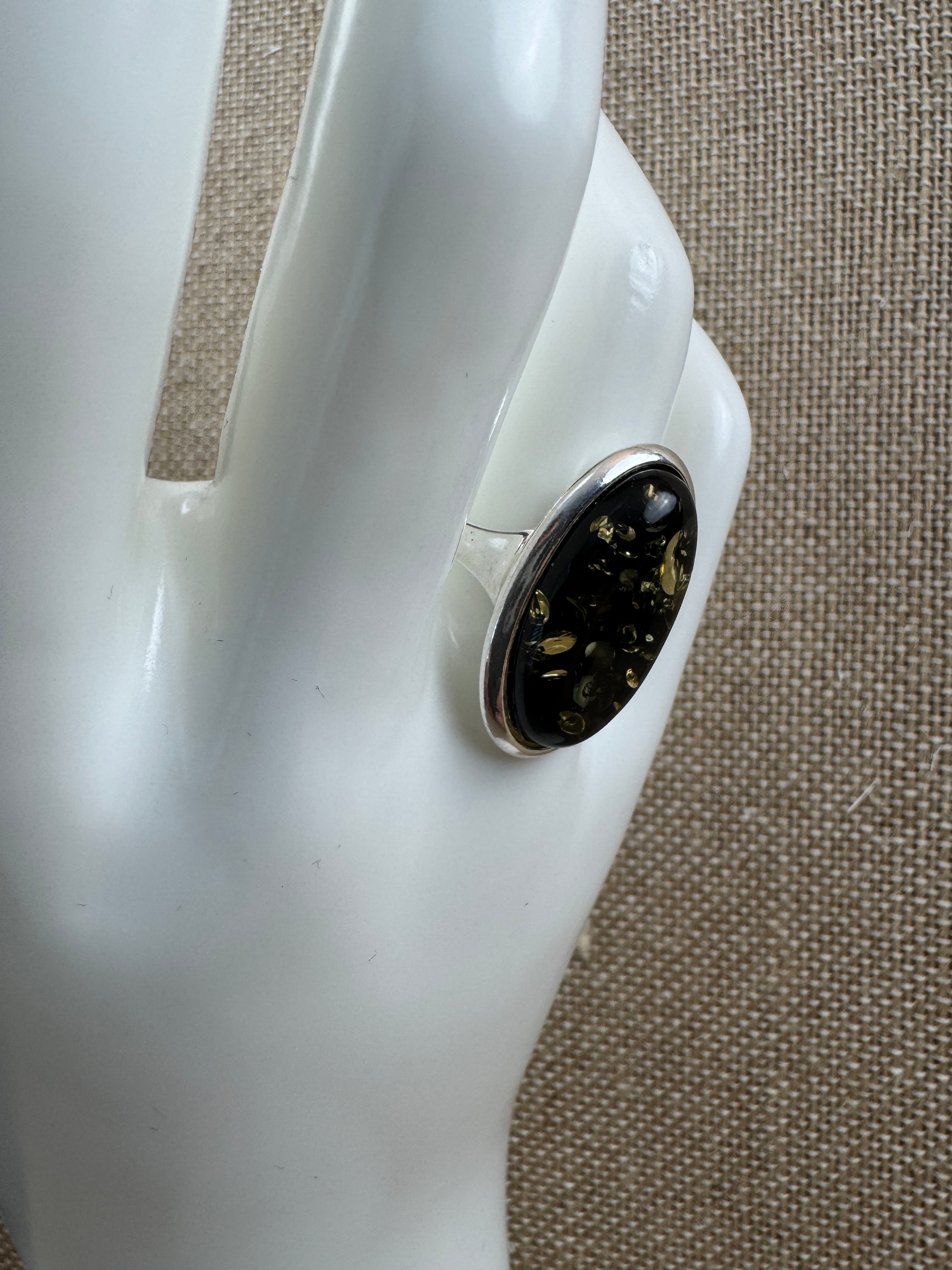 Classic Baltic Amber Ring in Sterling Silver – Oval Cabochon Honey or Green, Handmade in Poland