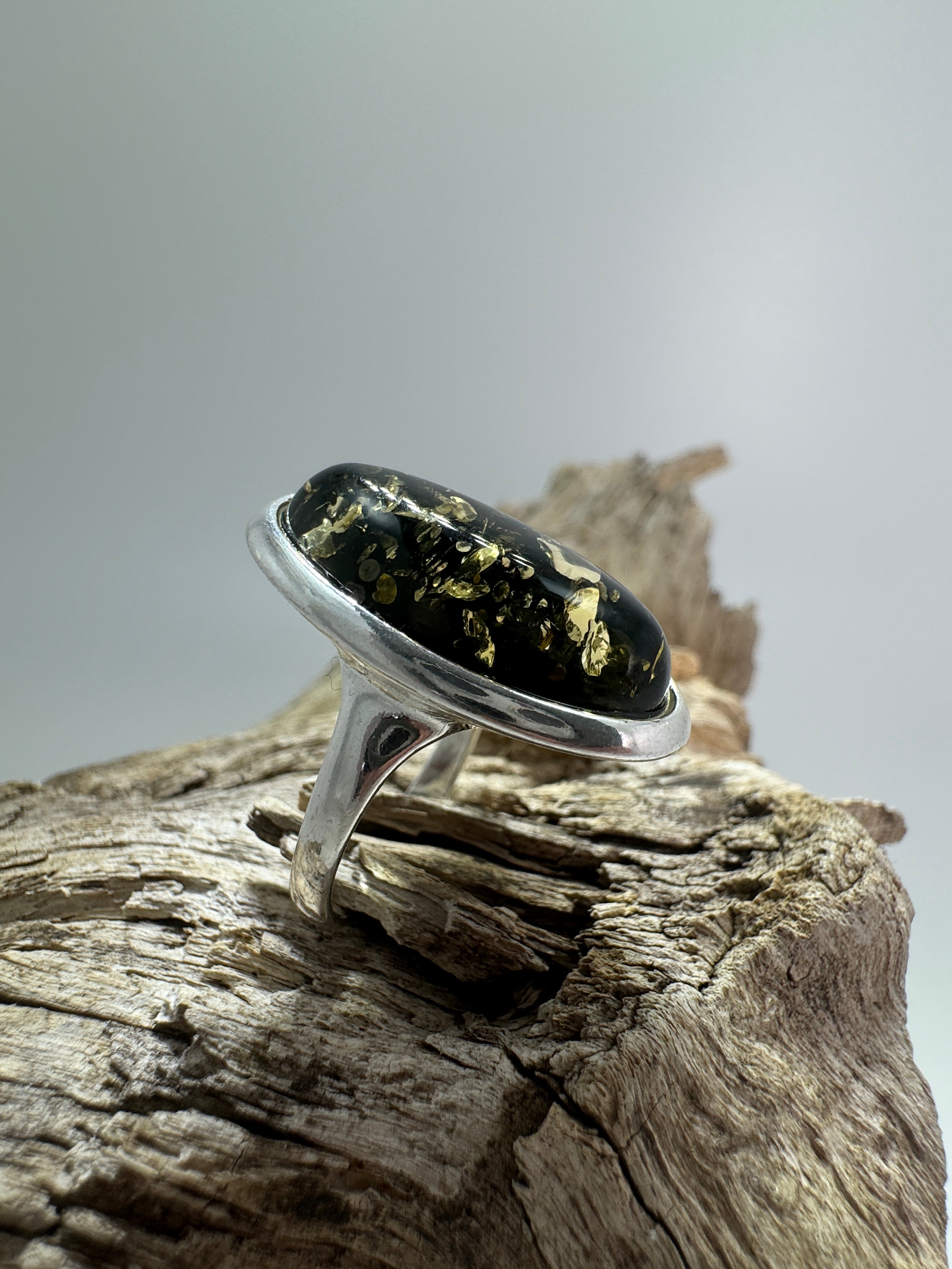 Classic Baltic Amber Ring in Sterling Silver – Oval Cabochon Honey or Green, Handmade in Poland