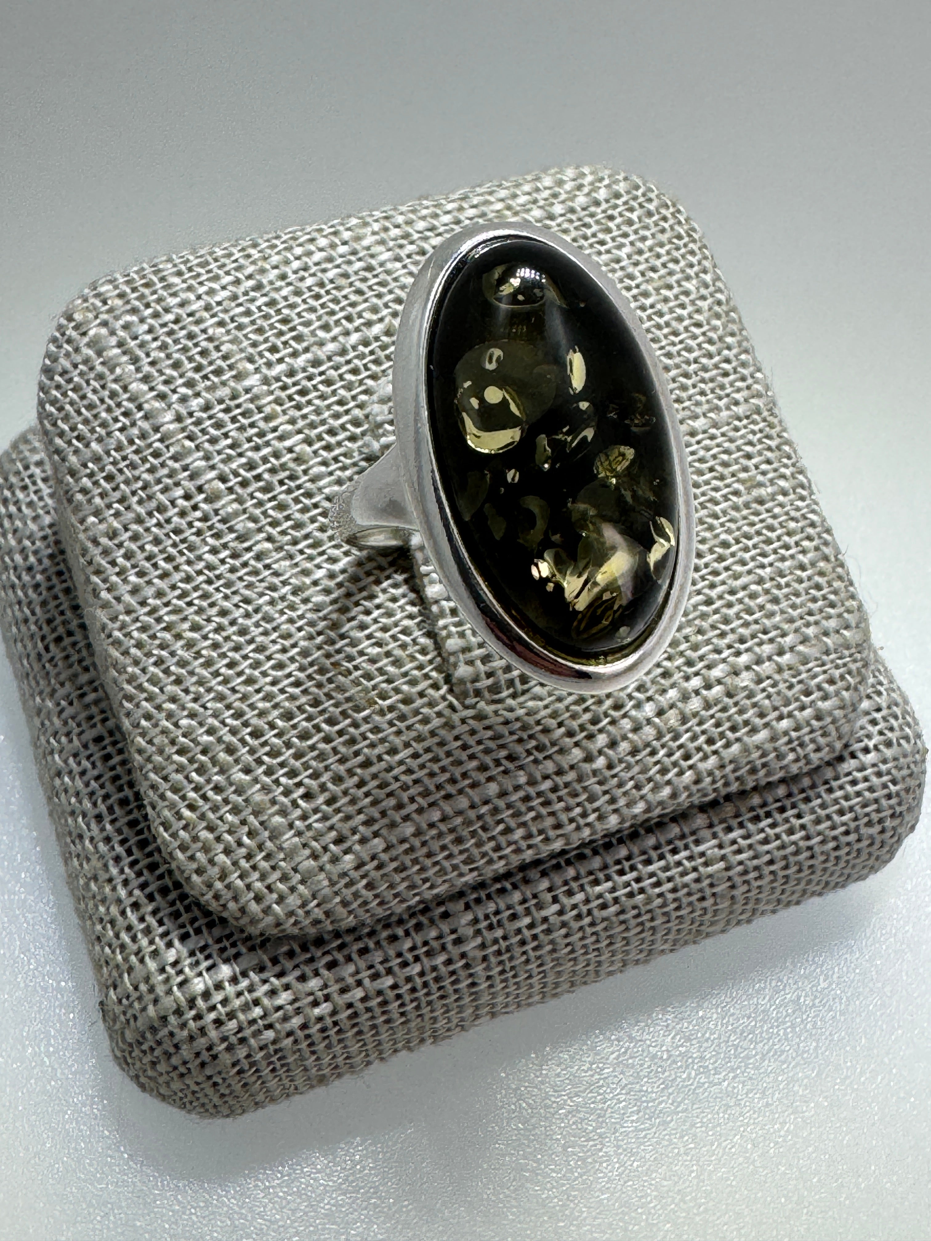 Classic Baltic Amber Ring in Sterling Silver – Oval Cabochon Honey or Green, Handmade in Poland