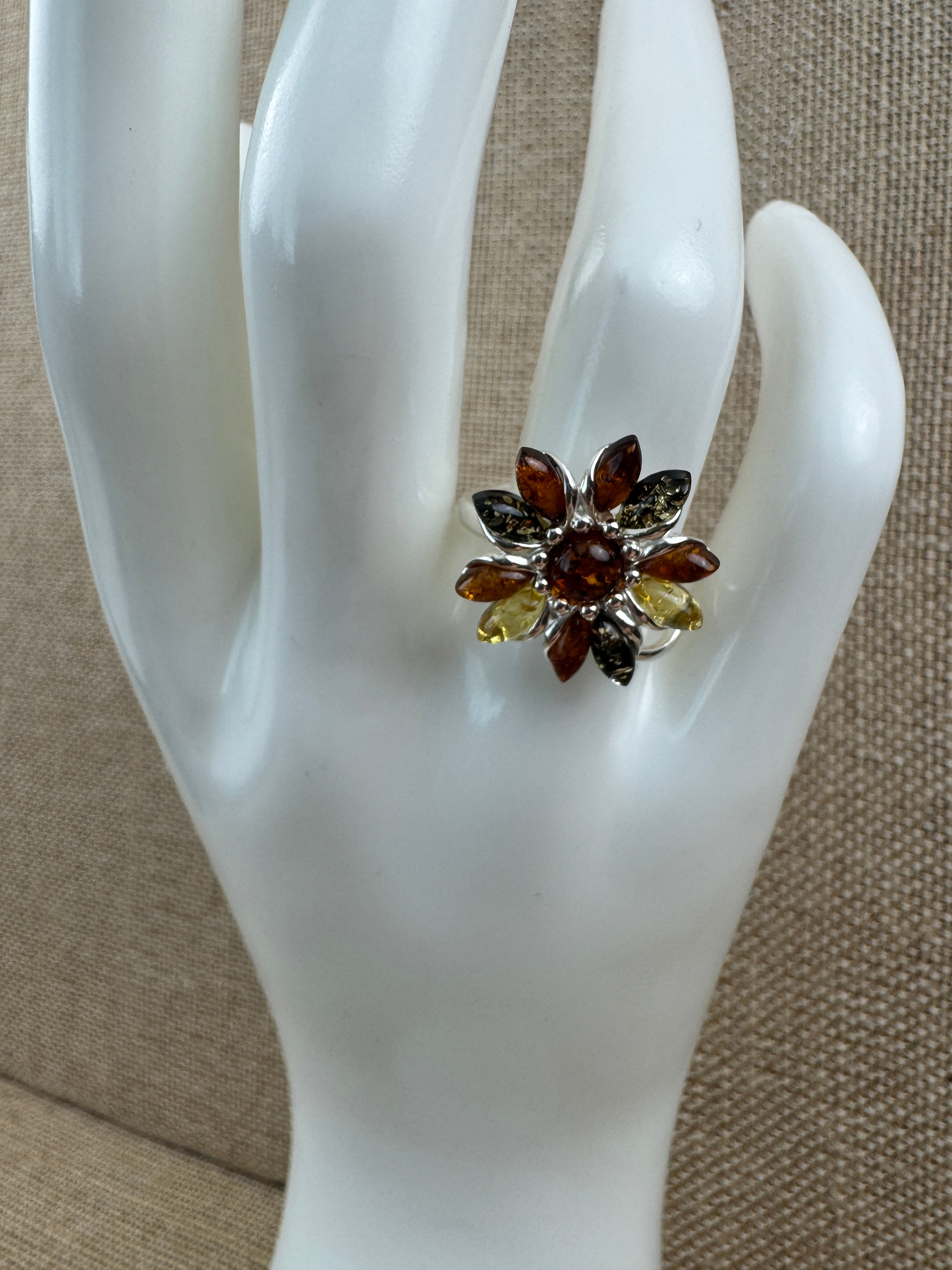 Honey Green Lemon Multicolor Baltic Amber Star Flower Ring in Sterling Silver – Adjustable Size Handmade in Poland
