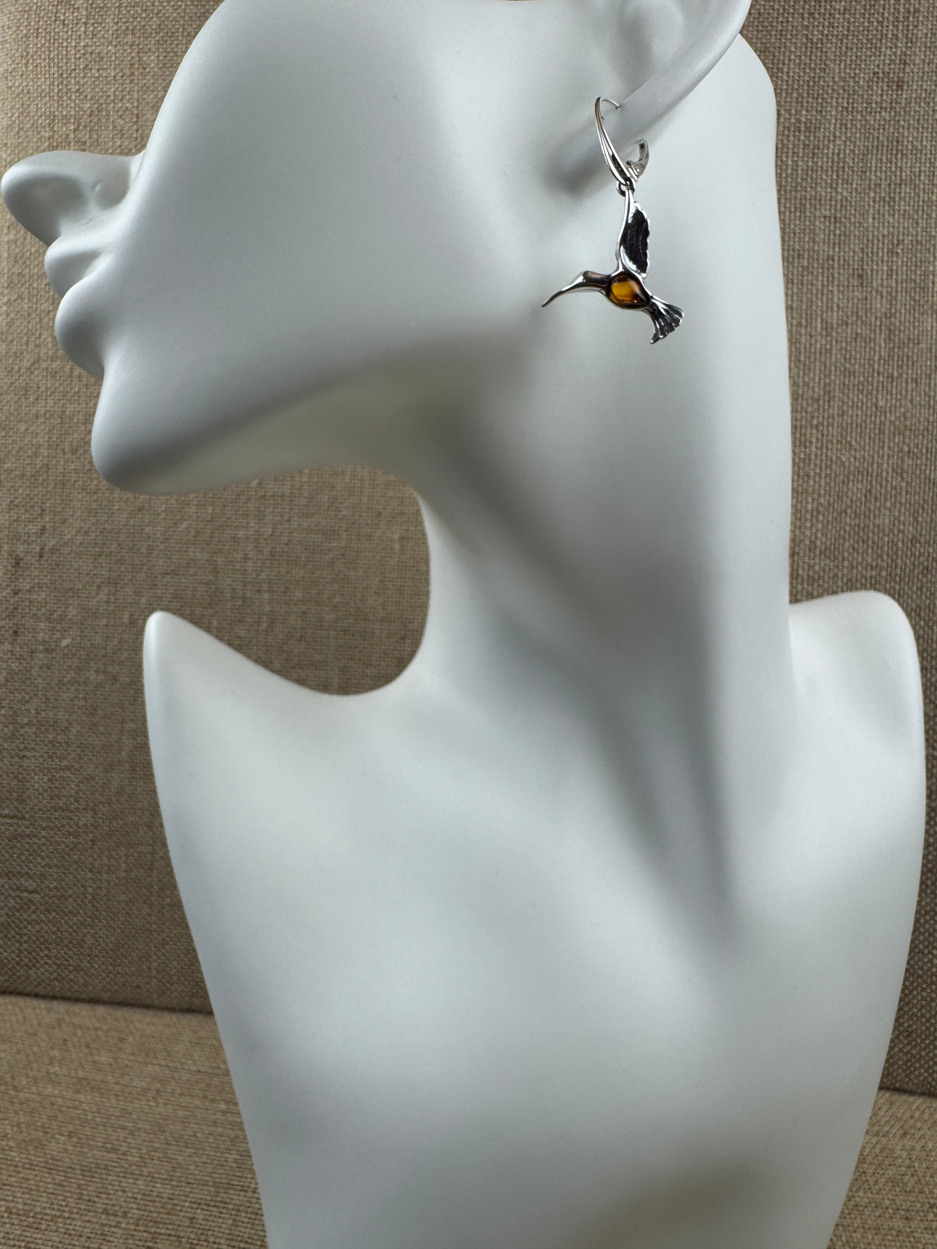 Sterling Silver Handmade Hummingbird Earrings with Honey Baltic Amber – Made in Poland - Matching Necklace Available