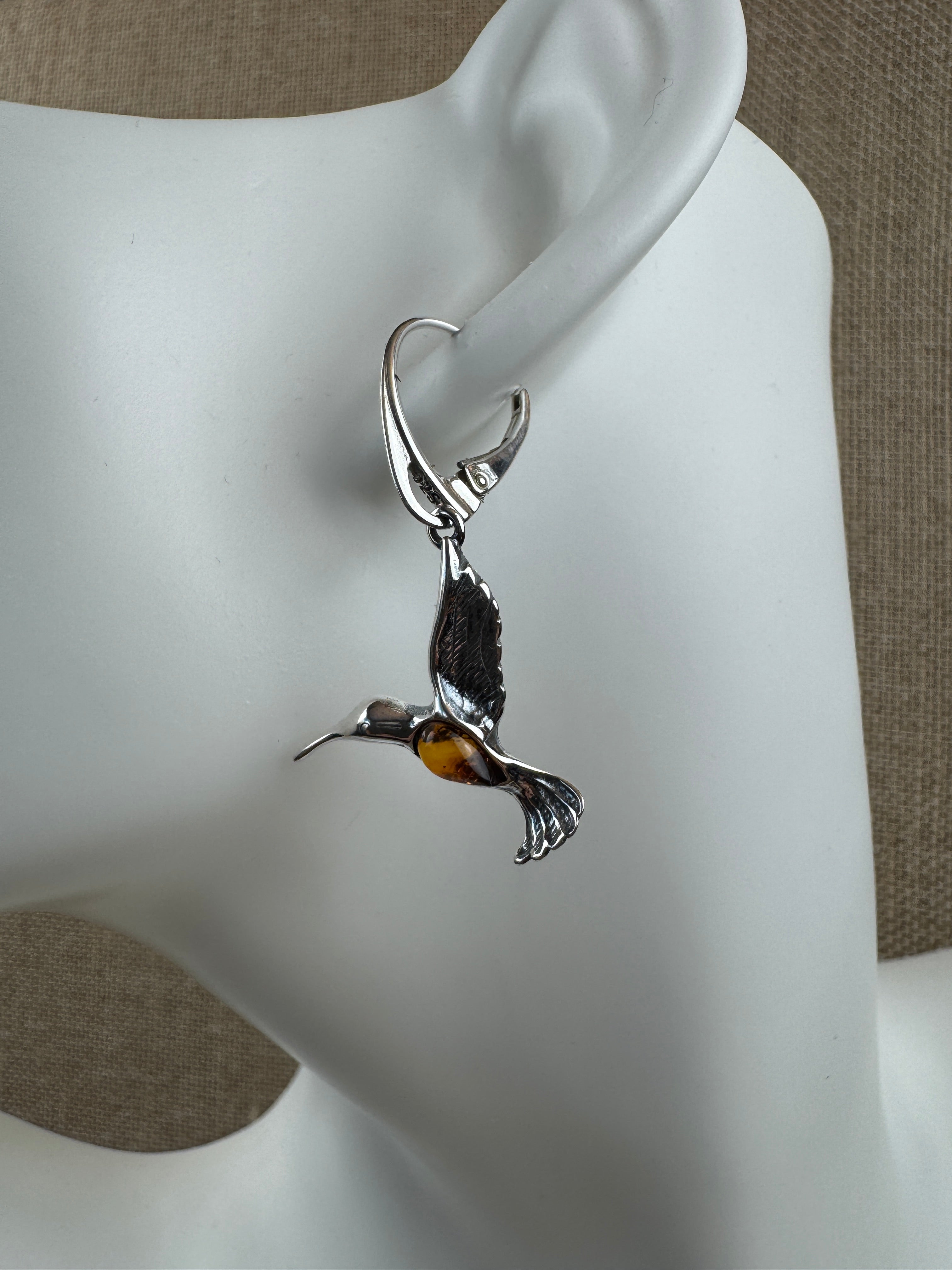 Sterling Silver Handmade Hummingbird Earrings with Honey Baltic Amber – Made in Poland - Matching Necklace Available