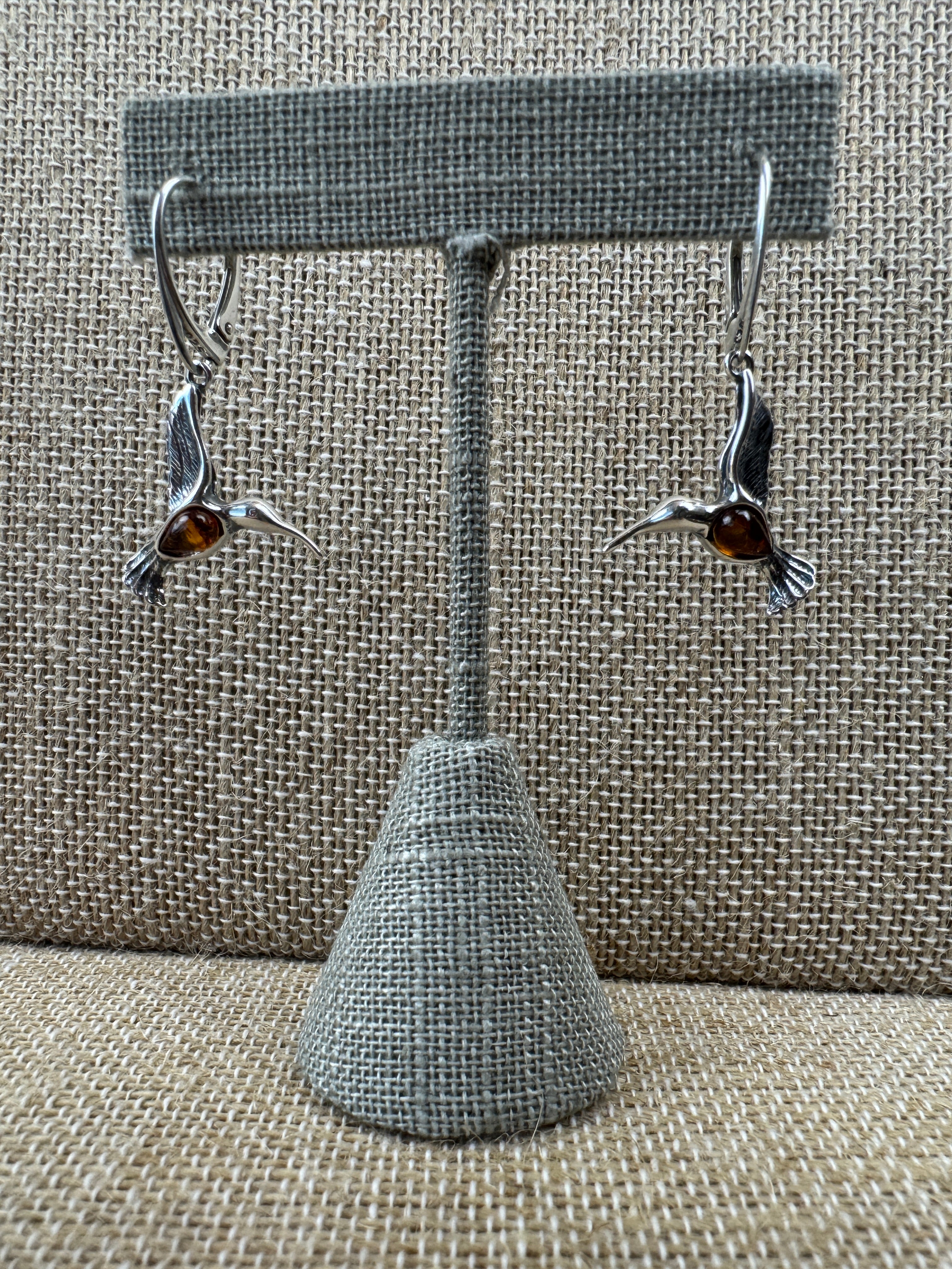 Sterling Silver Handmade Hummingbird Earrings with Honey Baltic Amber – Made in Poland - Matching Necklace Available
