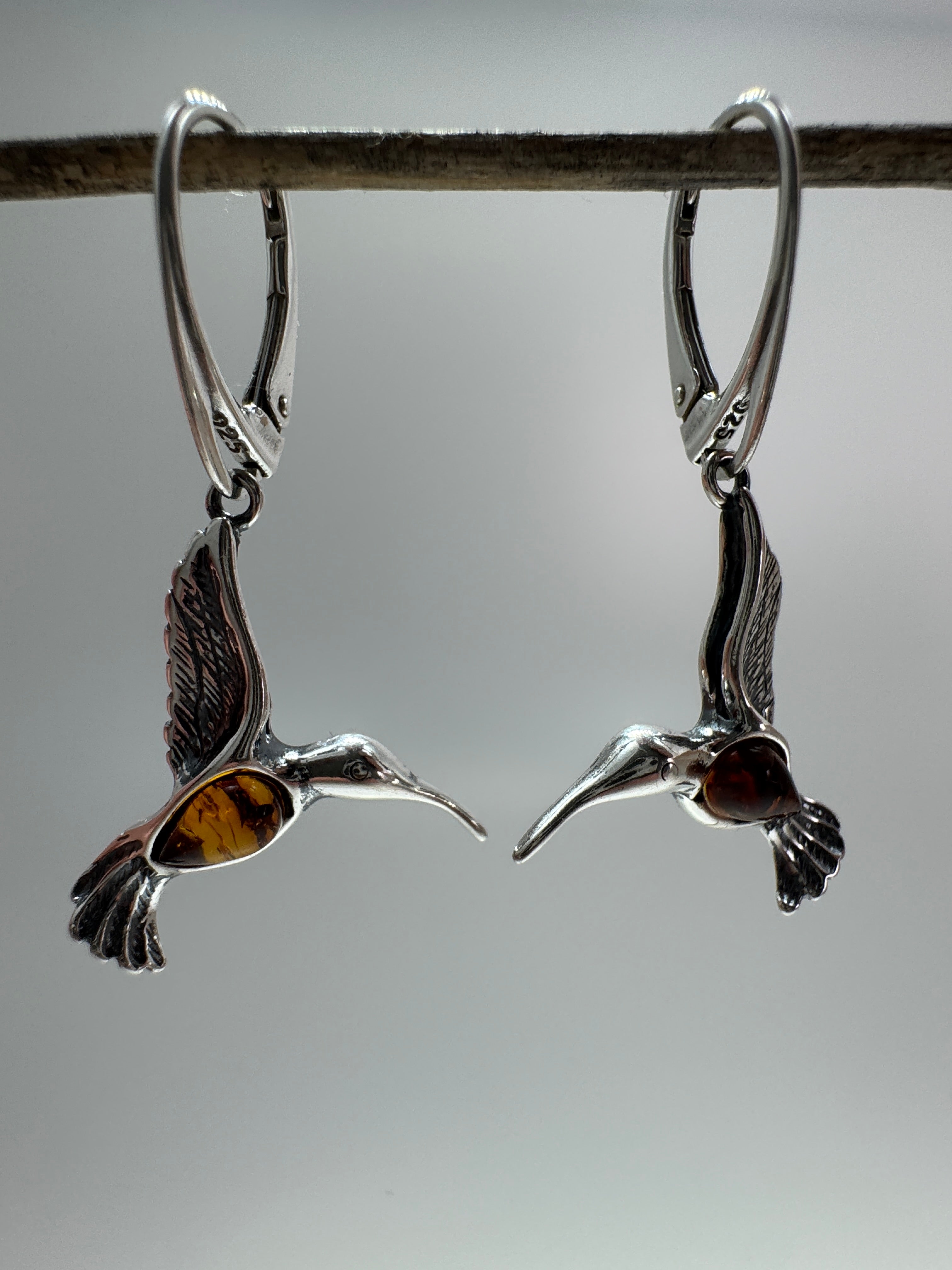 Sterling Silver Handmade Hummingbird Earrings with Honey Baltic Amber – Made in Poland - Matching Necklace Available