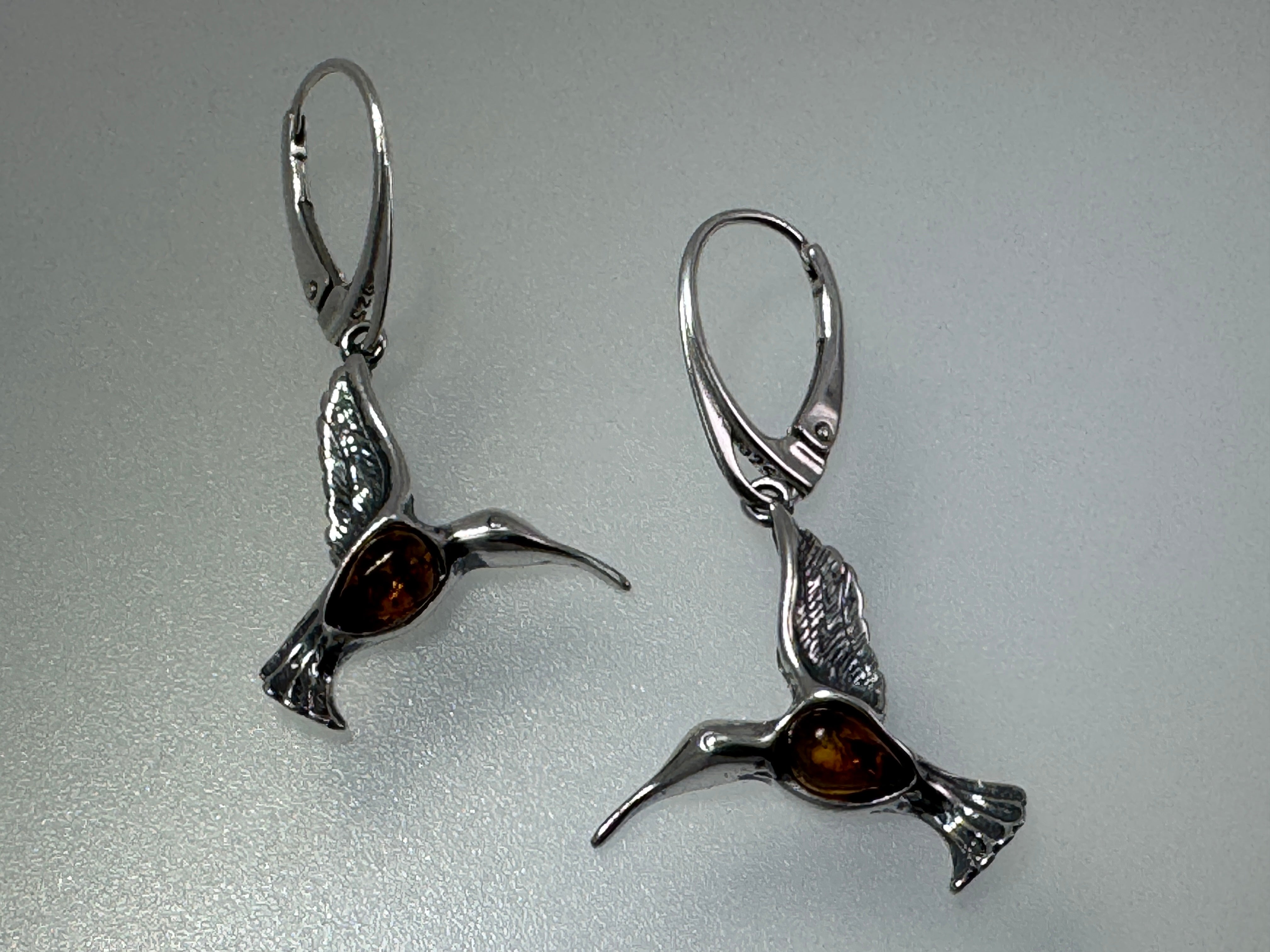 Sterling Silver Handmade Hummingbird Earrings with Honey Baltic Amber – Made in Poland - Matching Necklace Available