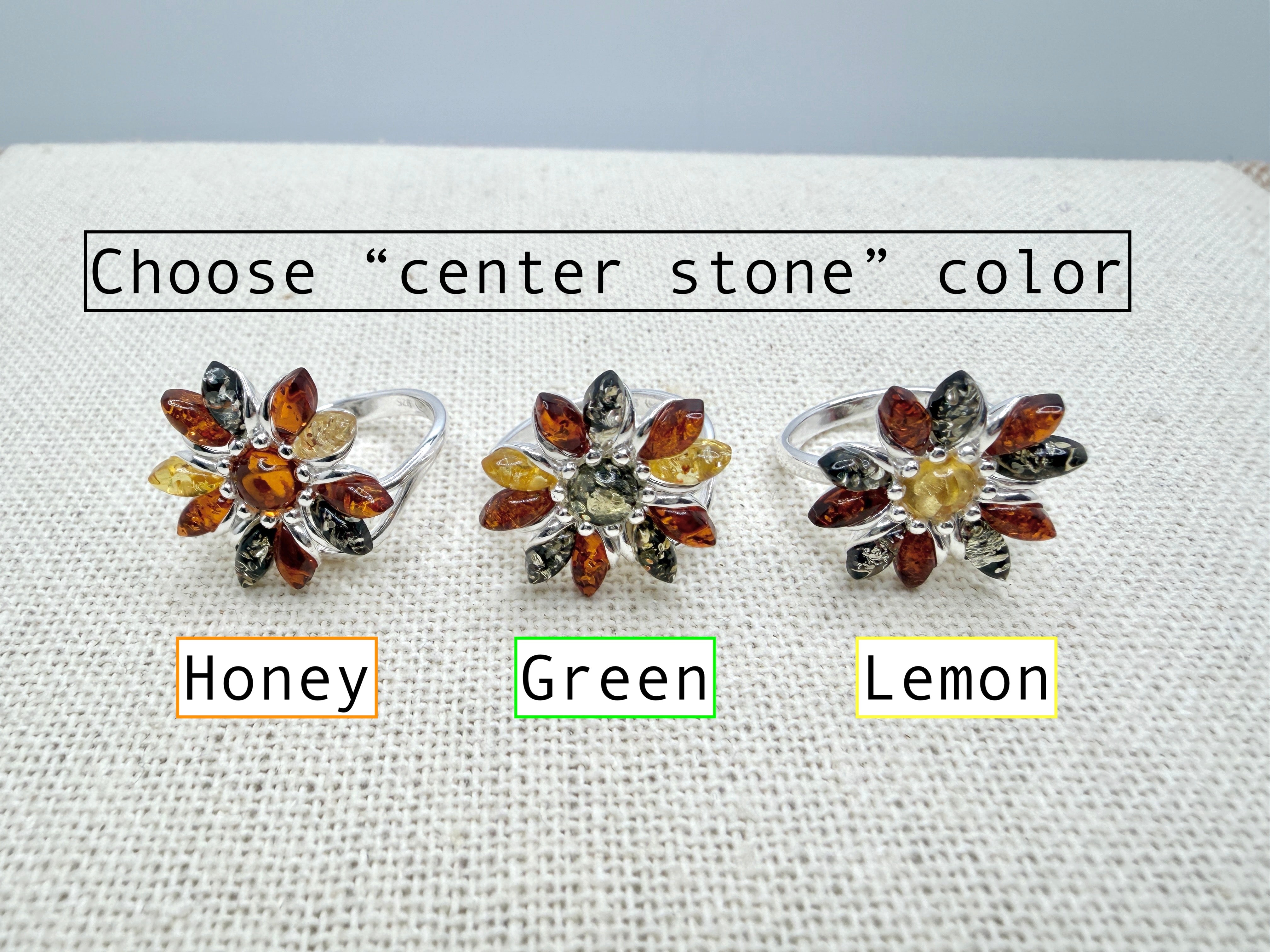 Honey Green Lemon Multicolor Baltic Amber Star Flower Ring in Sterling Silver – Adjustable Size Handmade in Poland