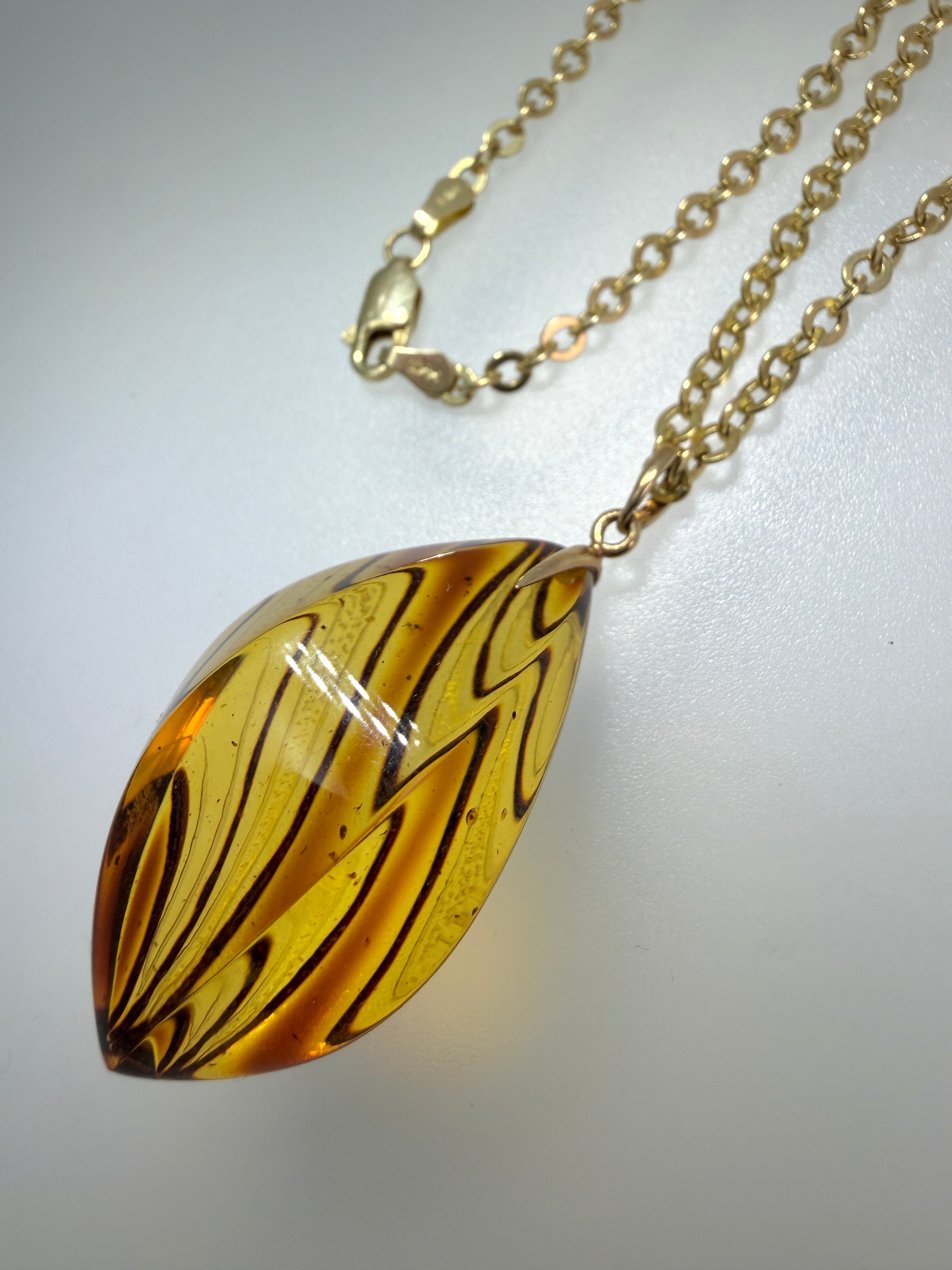 Hand Etched Modern Baltic Amber Pendant with 14K Gold Bale and Optional 14K Gold Chain