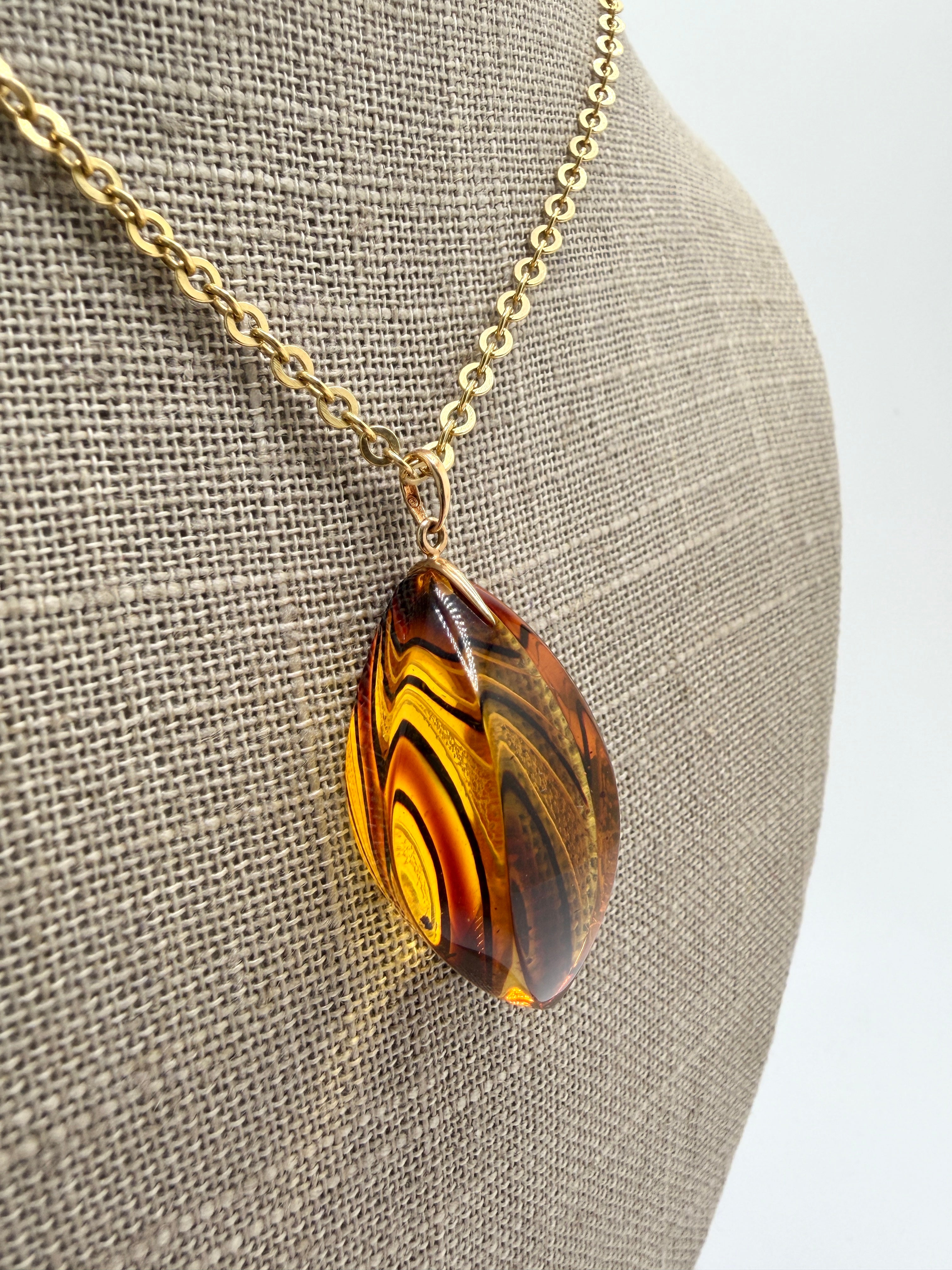 Hand Etched Modern Baltic Amber Pendant with 14K Gold Bale and Optional 14K Gold Chain