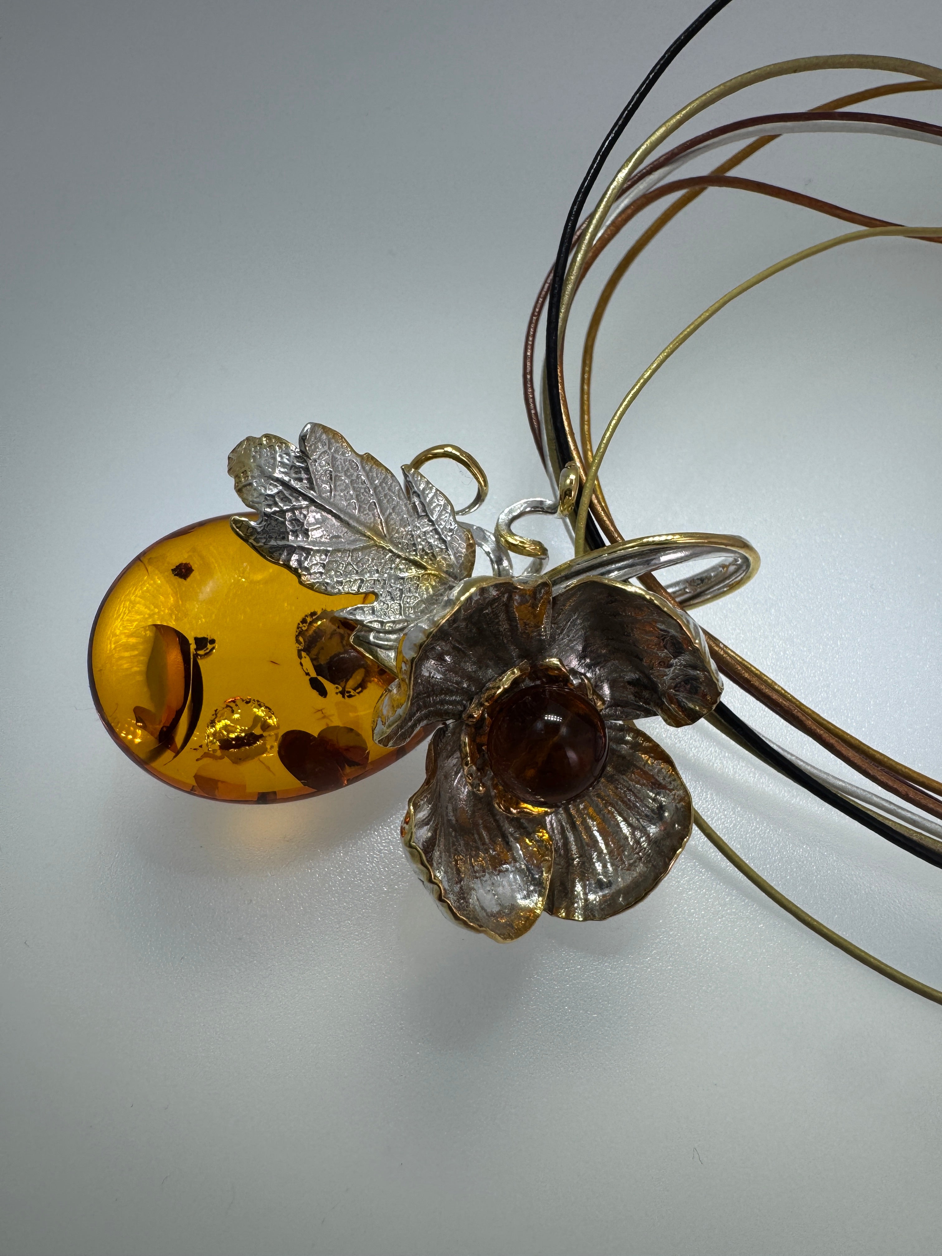 One-of-a-Kind Baltic Amber Leaf & Flower Pendant Necklace in Sterling Silver & Gold Plated Accents