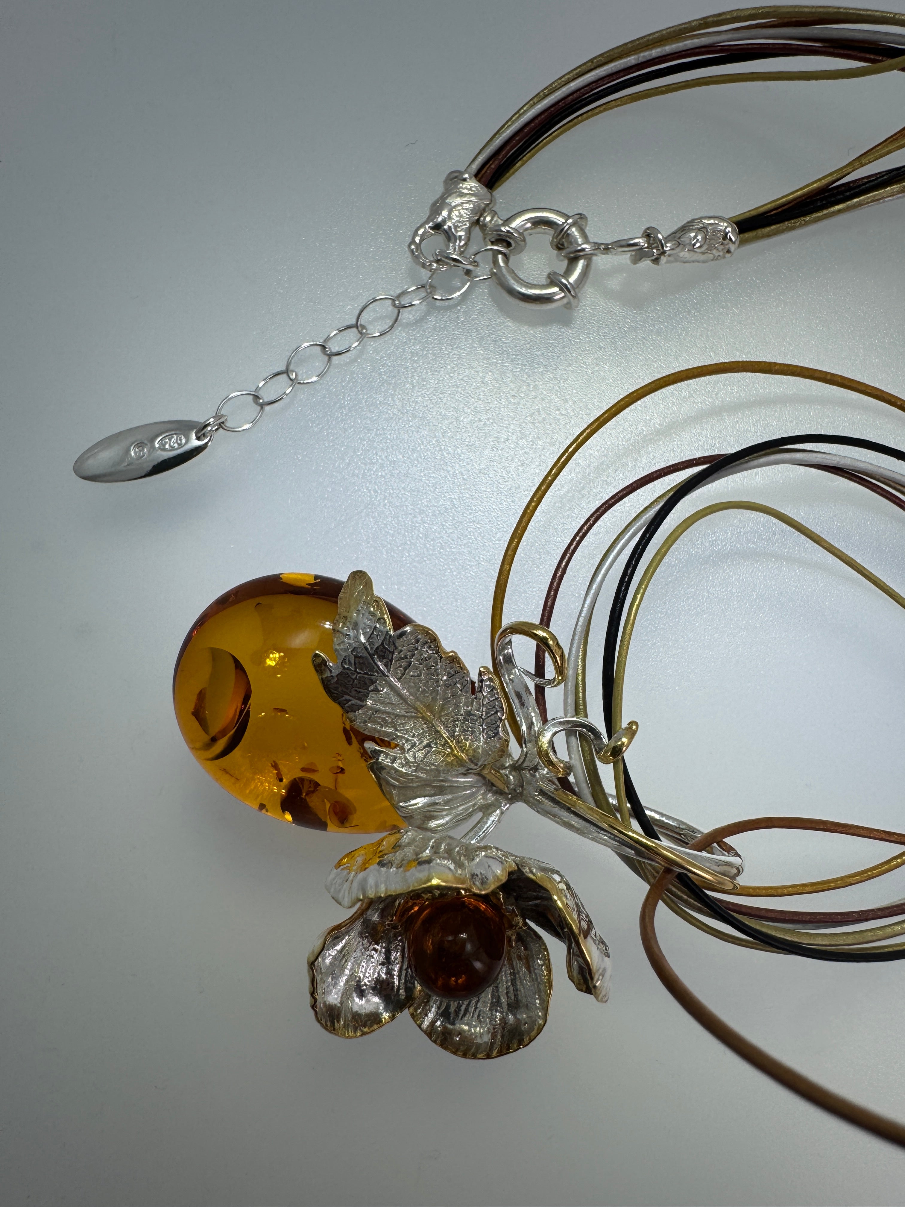 One-of-a-Kind Baltic Amber Leaf & Flower Pendant Necklace in Sterling Silver & Gold Plated Accents