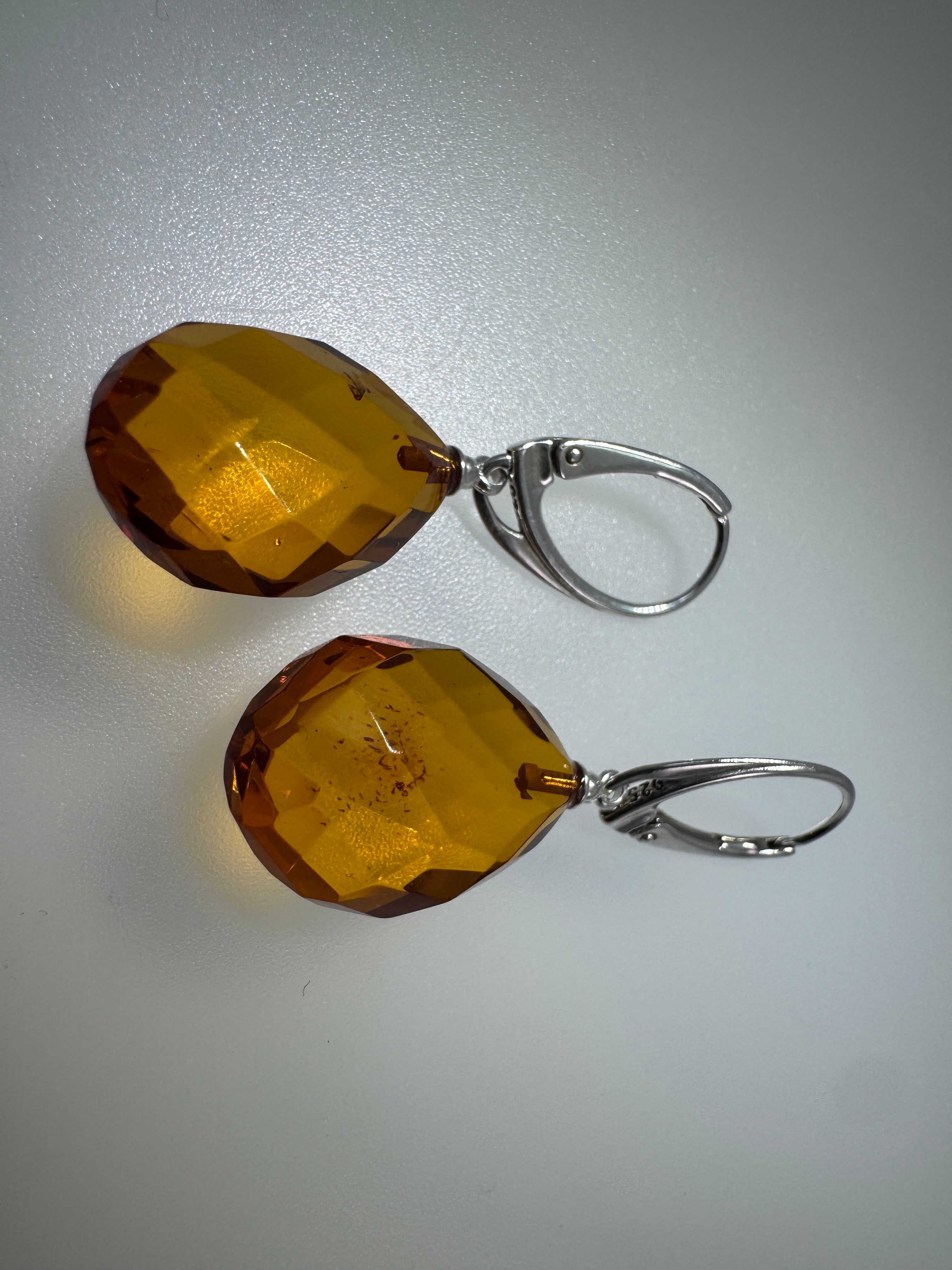 Sterling Silver Drop Leverback Earrings with Faceted Amber Teardrops – Genuine Cognac Baltic Amber