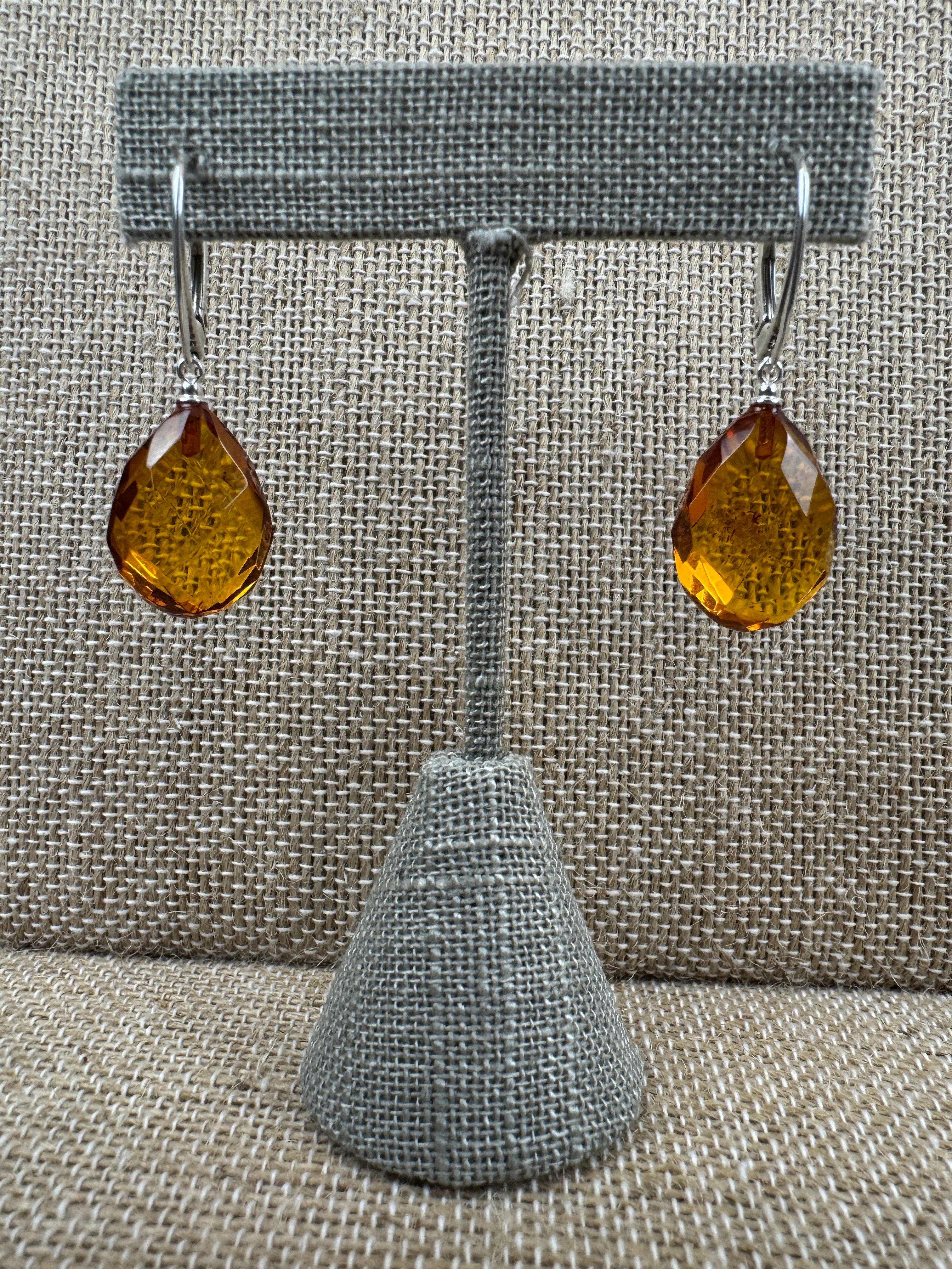 Sterling Silver Drop Leverback Earrings with Faceted Amber Teardrops – Genuine Cognac Baltic Amber