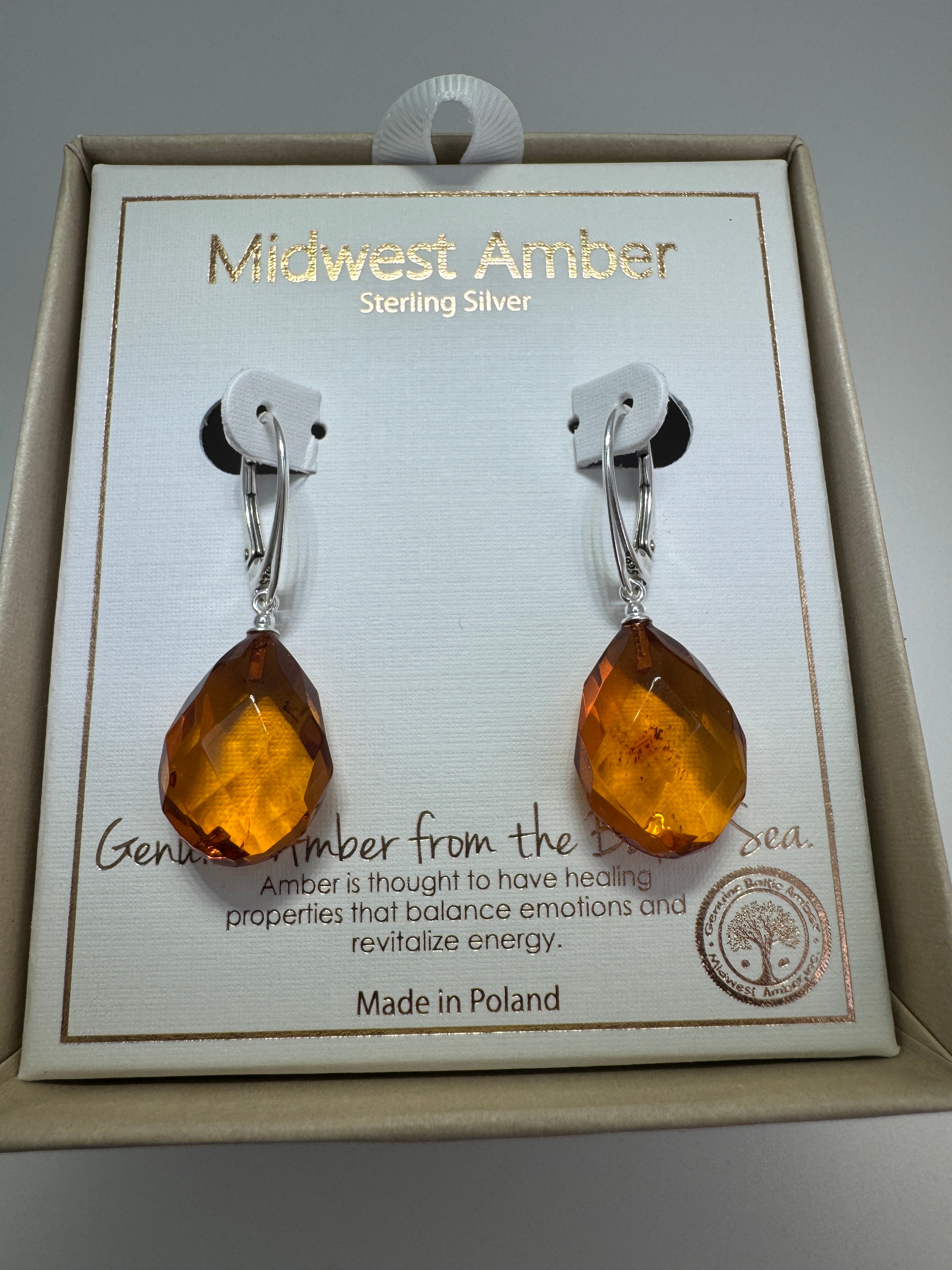 Sterling Silver Drop Leverback Earrings with Faceted Amber Teardrops – Genuine Cognac Baltic Amber