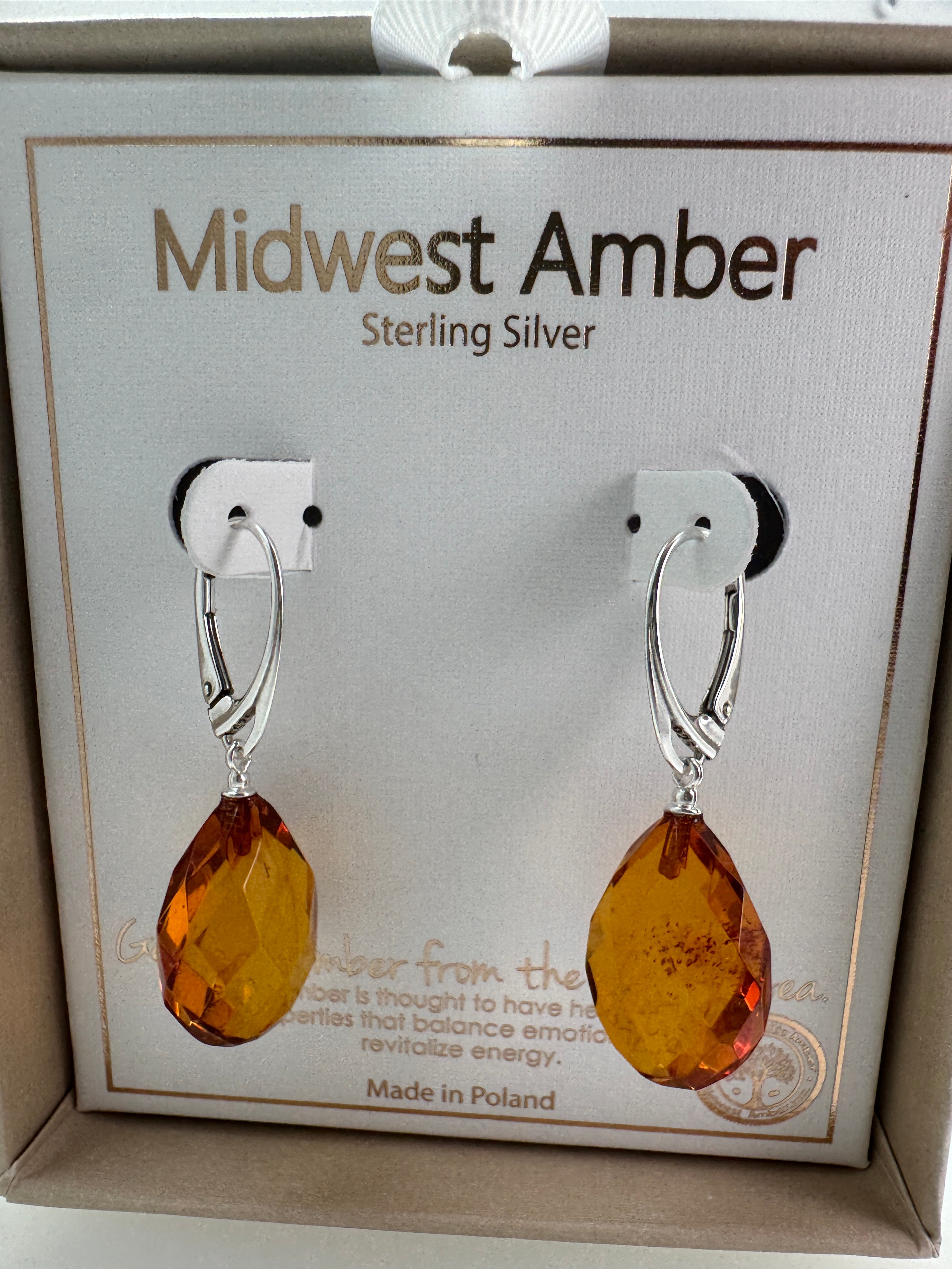 Sterling Silver Drop Leverback Earrings with Faceted Amber Teardrops – Genuine Cognac Baltic Amber