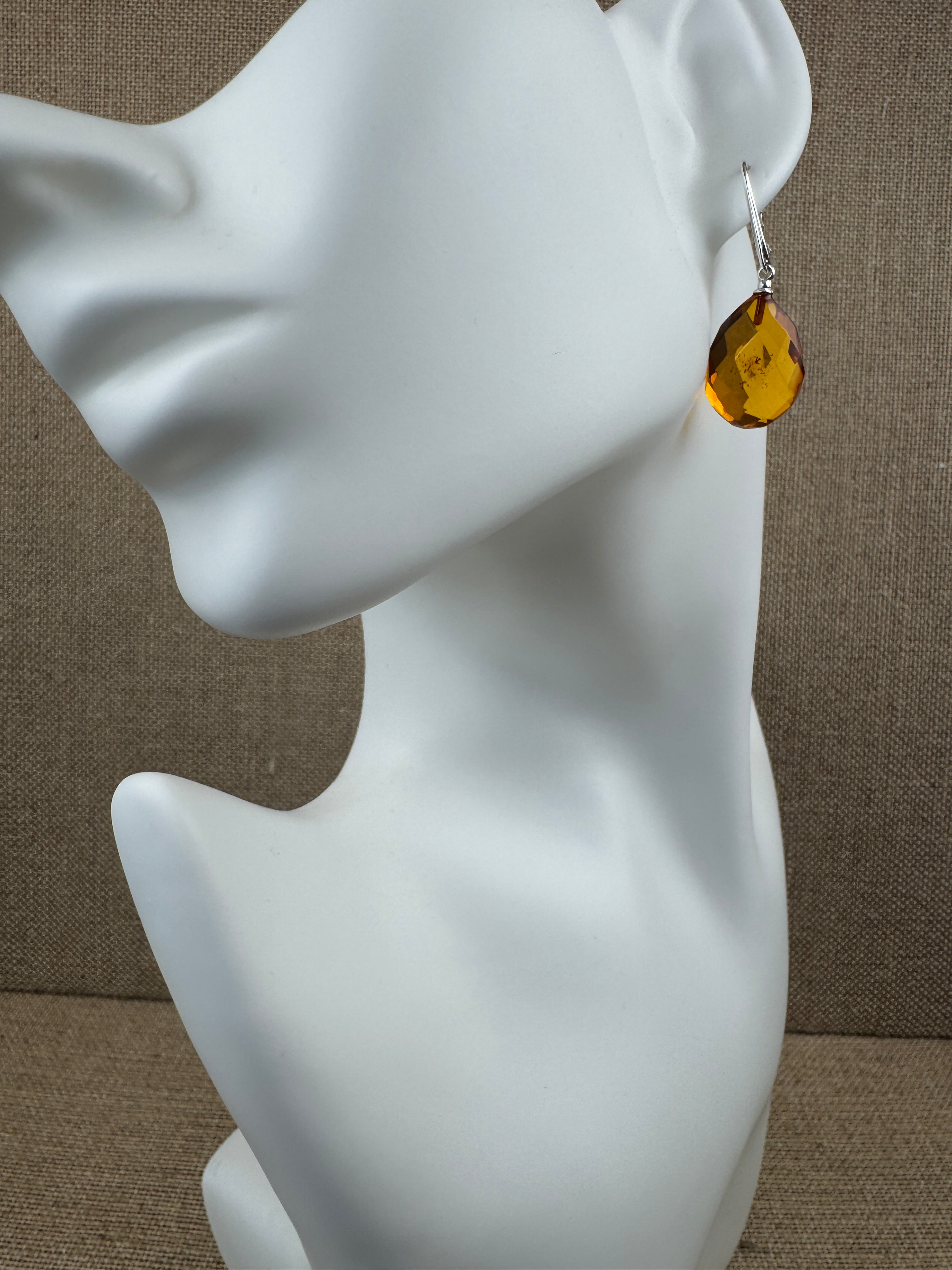 Sterling Silver Drop Leverback Earrings with Faceted Amber Teardrops – Genuine Cognac Baltic Amber