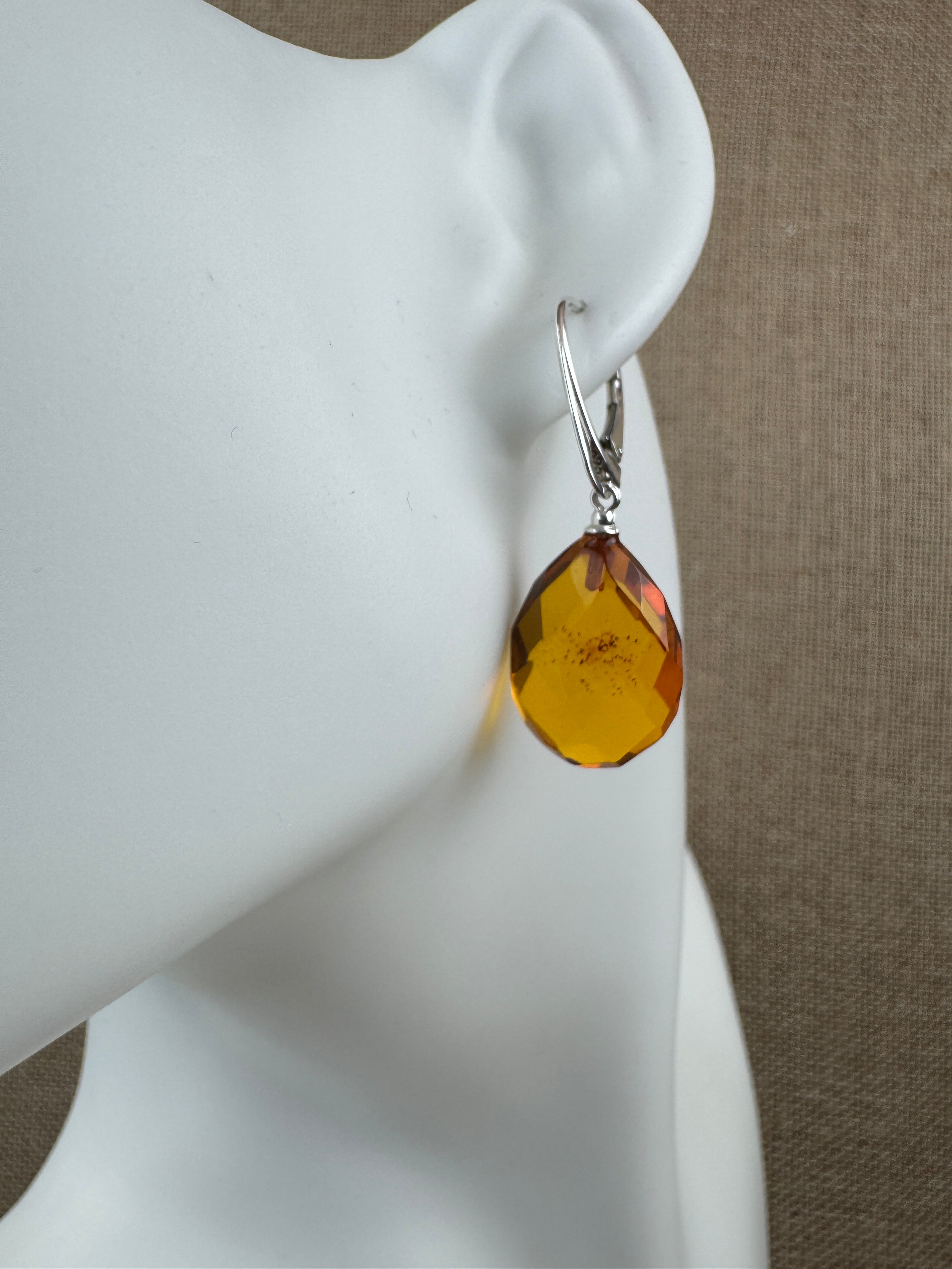 Sterling Silver Drop Leverback Earrings with Faceted Amber Teardrops – Genuine Cognac Baltic Amber
