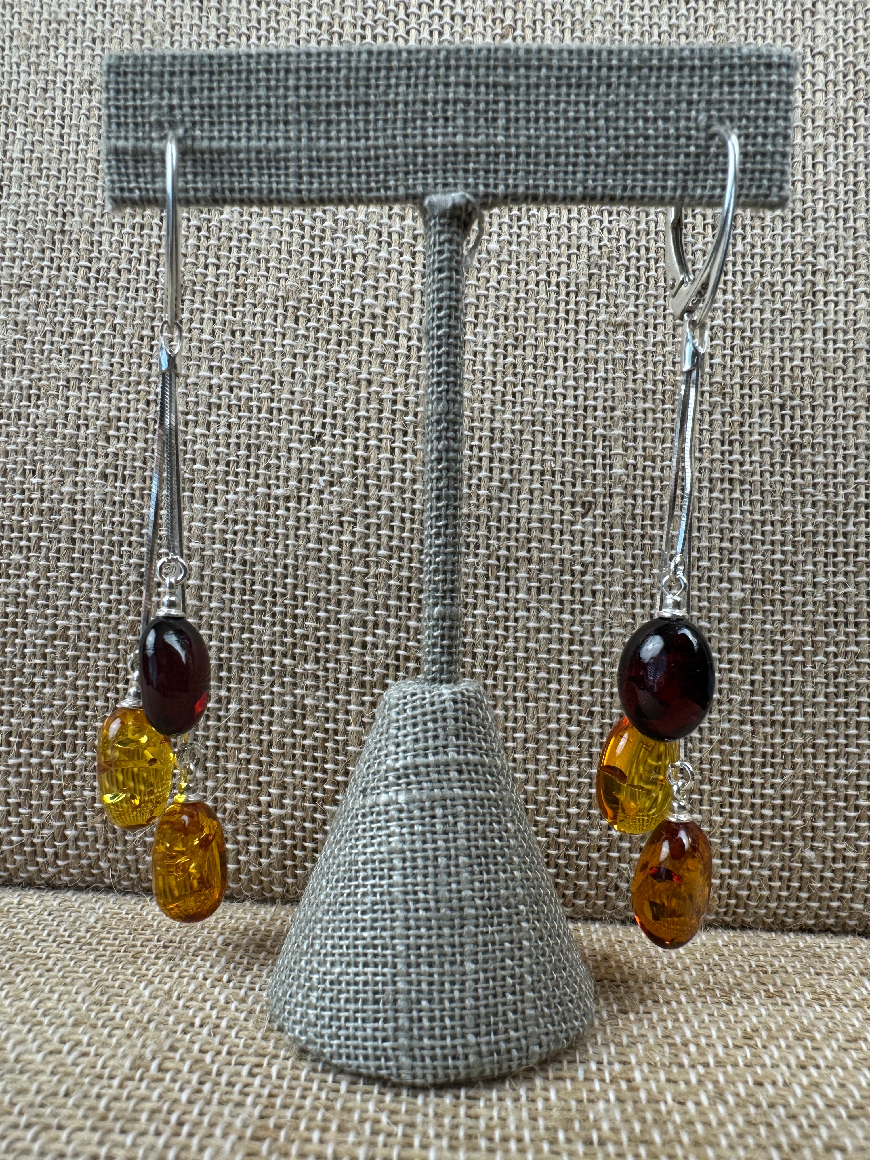 Baltic Amber Trio Drop Earrings | Handmade in Lithuania | Sterling Silver Lever Back Design
