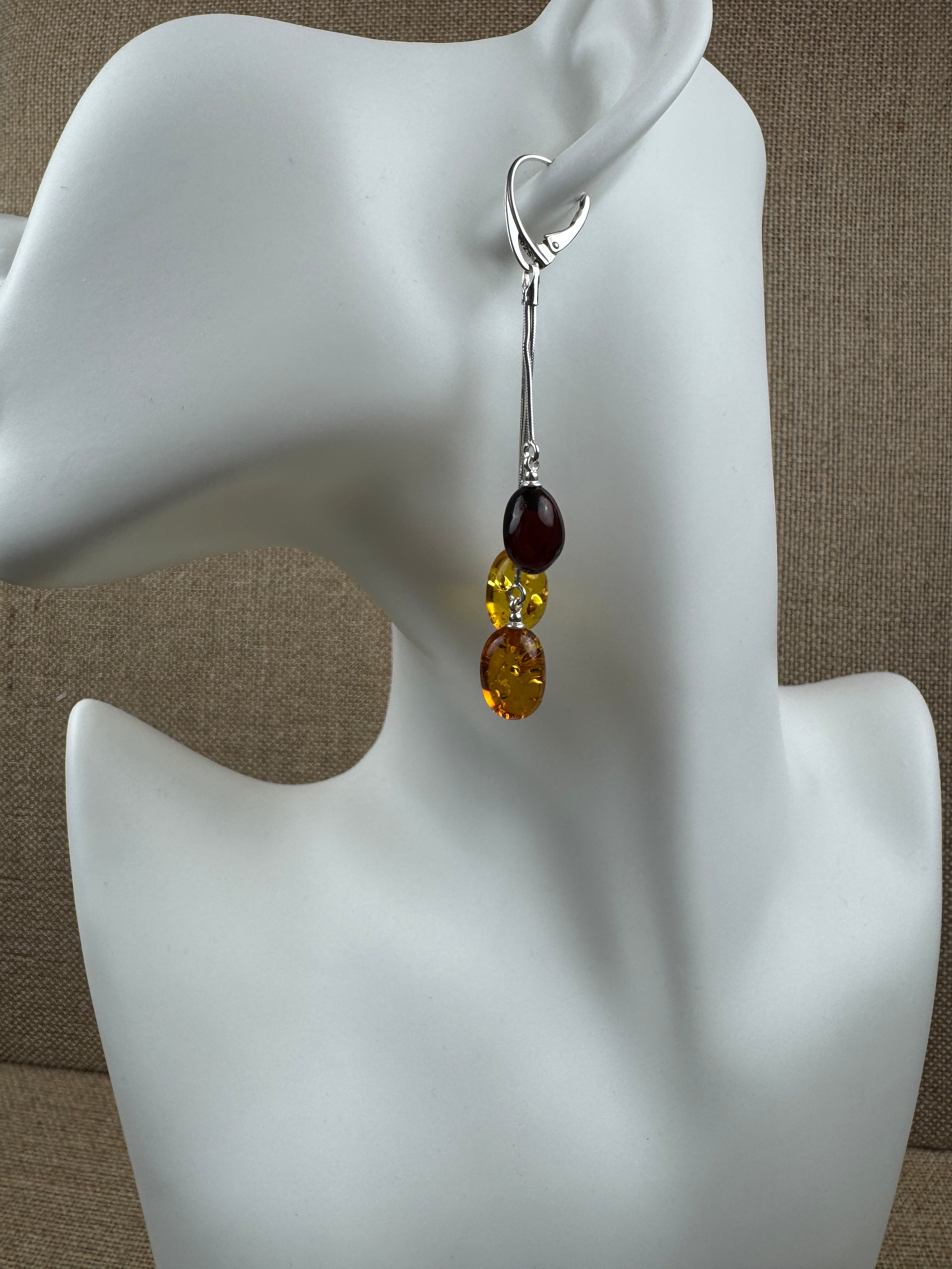 Baltic Amber Trio Drop Earrings | Handmade in Lithuania | Sterling Silver Lever Back Design