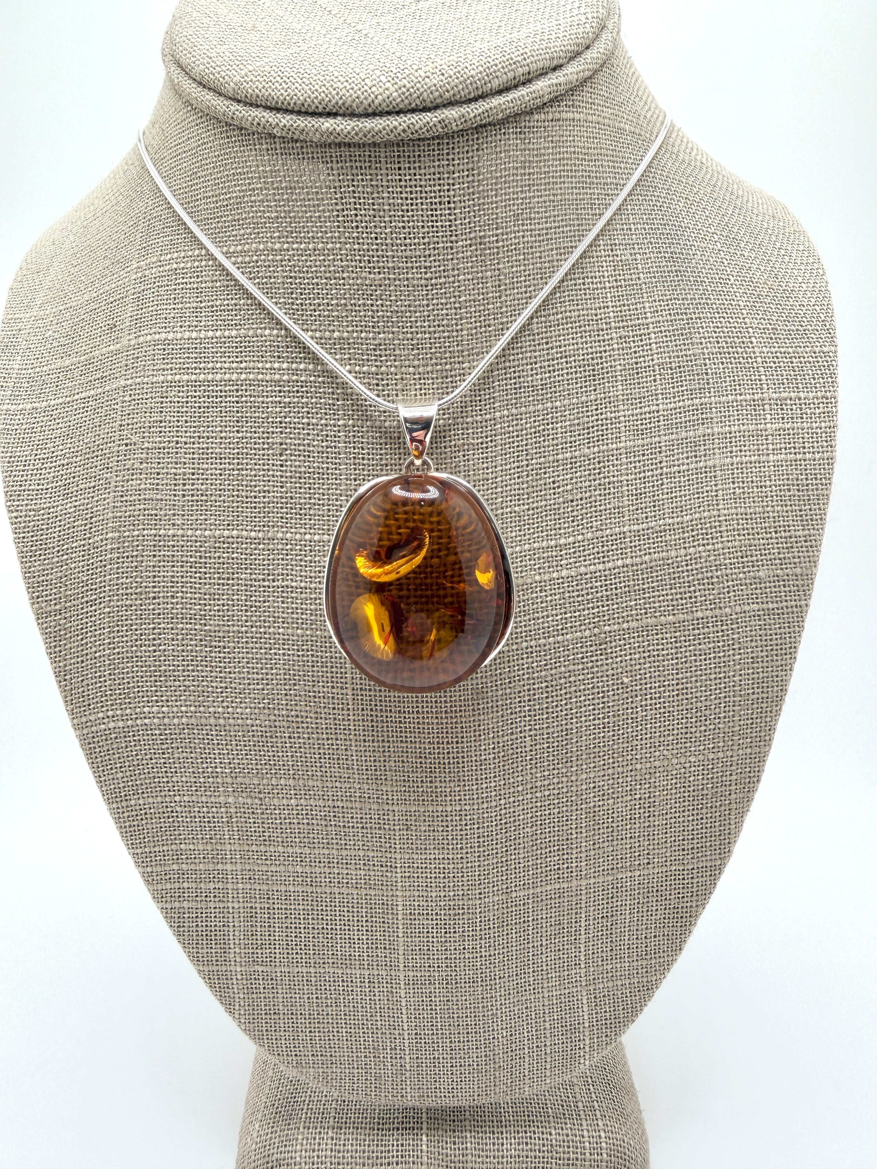 Sterling Silver Genuine Baltic Amber Oval Pendant Necklace - Made in Poland