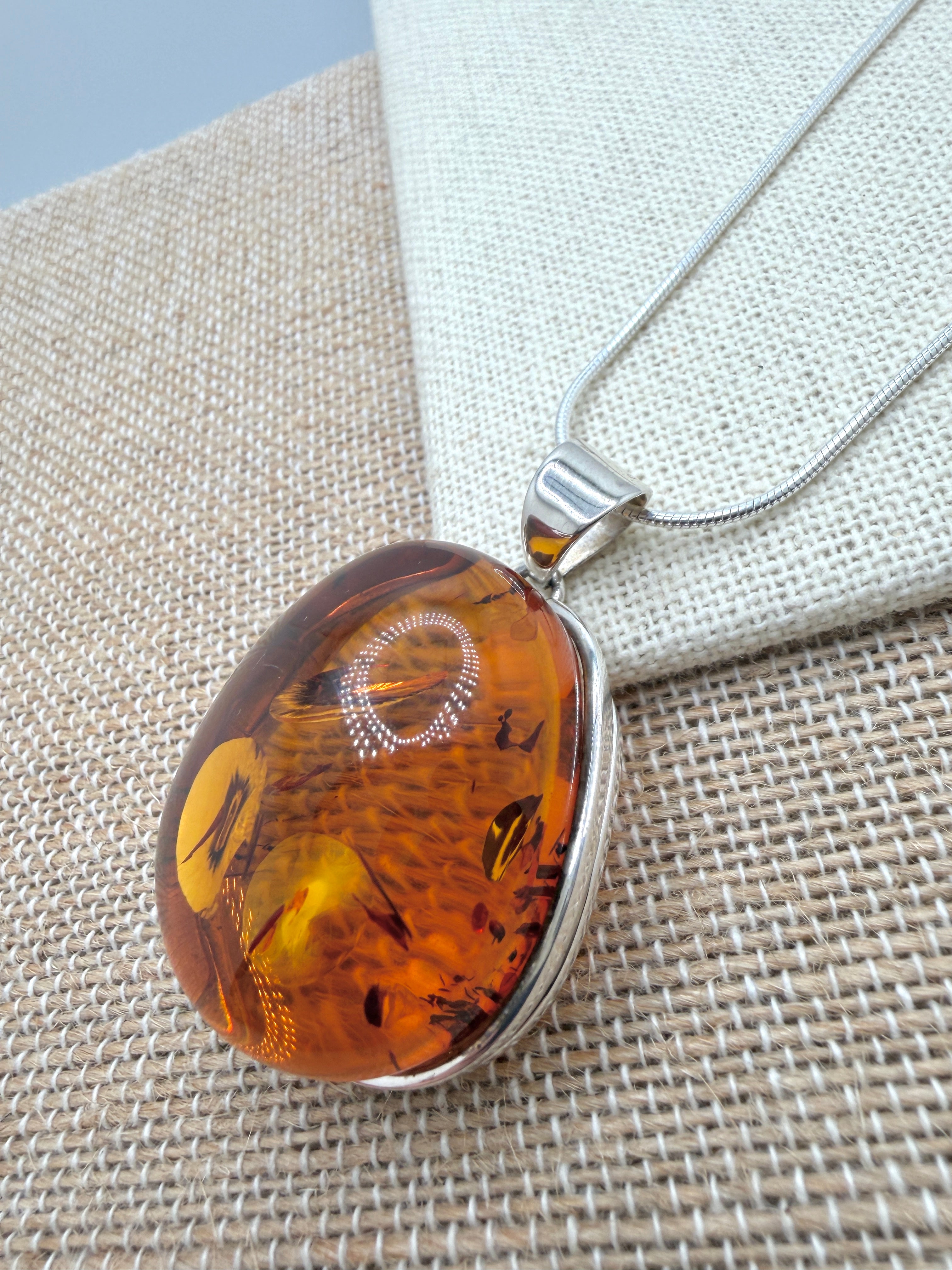 Sterling Silver Genuine Baltic Amber Oval Pendant Necklace - Made in Poland