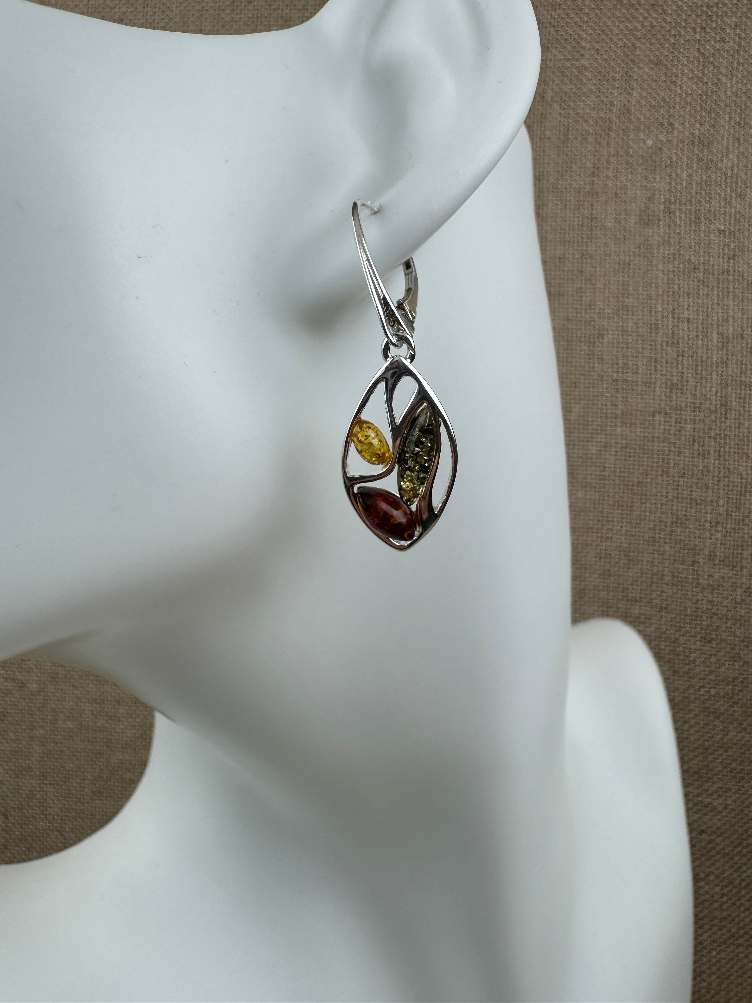 Multicolor Baltic Amber Sterling Silver Lever Back Earrings – Lemon, Green & Cognac Dangle Drops